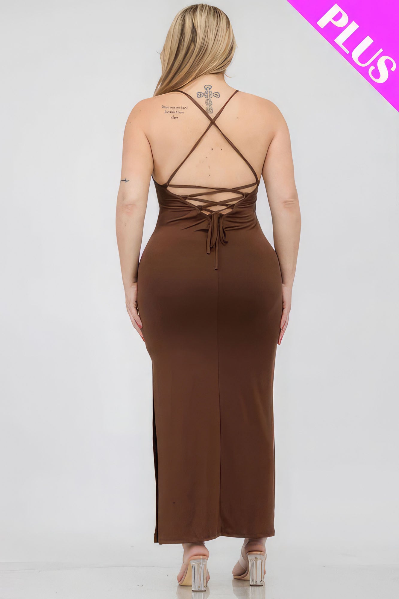 Women Cami Bodycon Maxi Dress Back Crisscross Sleeveless Split Tank (1X,2X,3X)