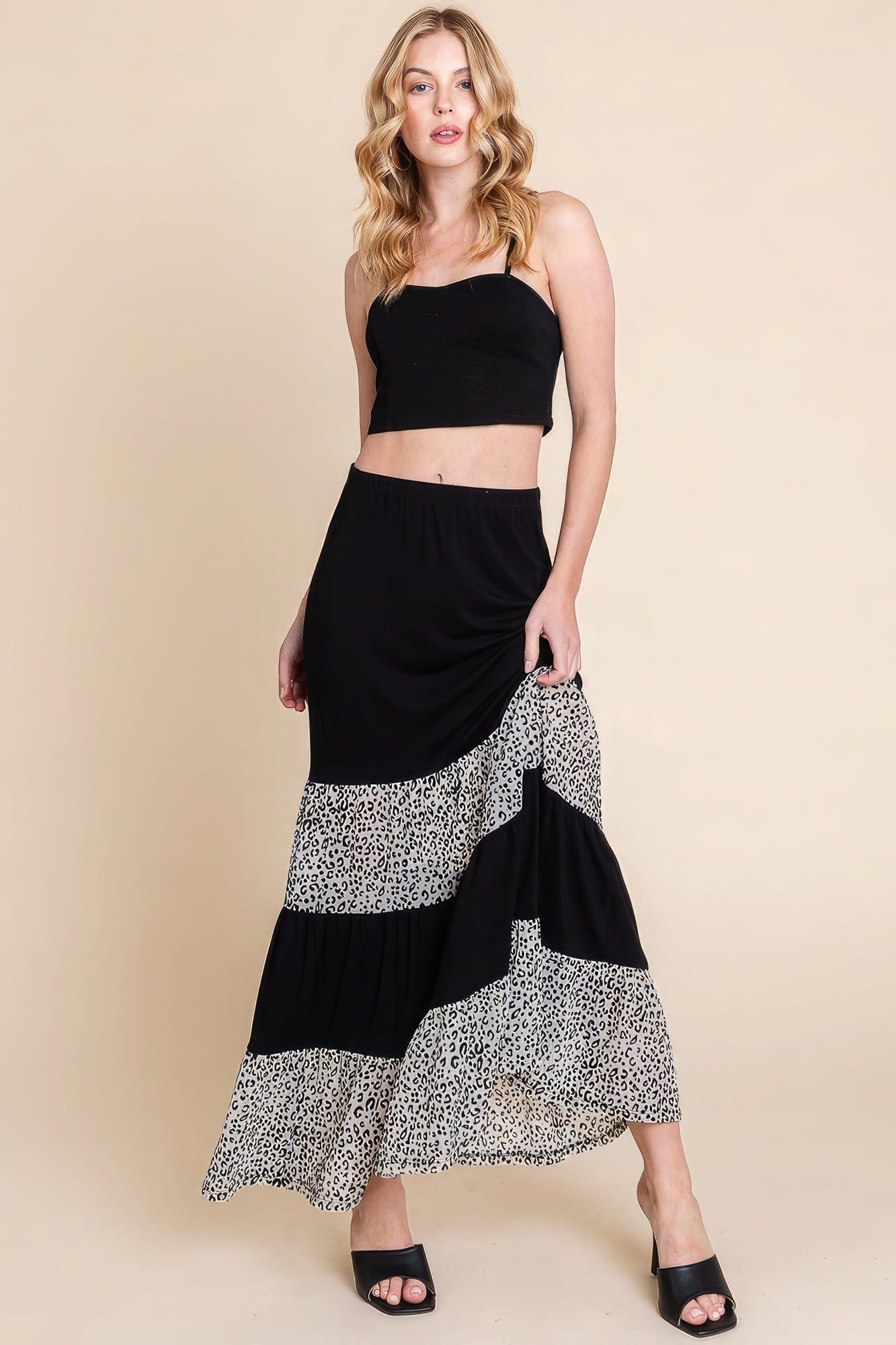 Women's Long Tiered Contrast Maxi Skirt Velvet Animal Print Mesh Lounge Relaxed