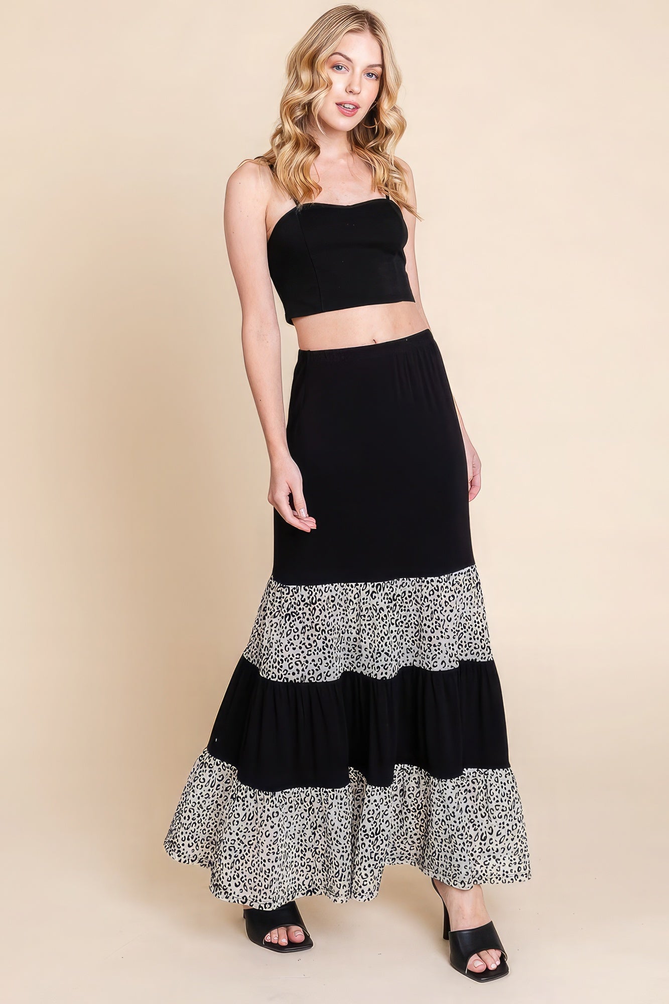 Women's Long Tiered Contrast Maxi Skirt Velvet Animal Print Mesh Lounge Relaxed