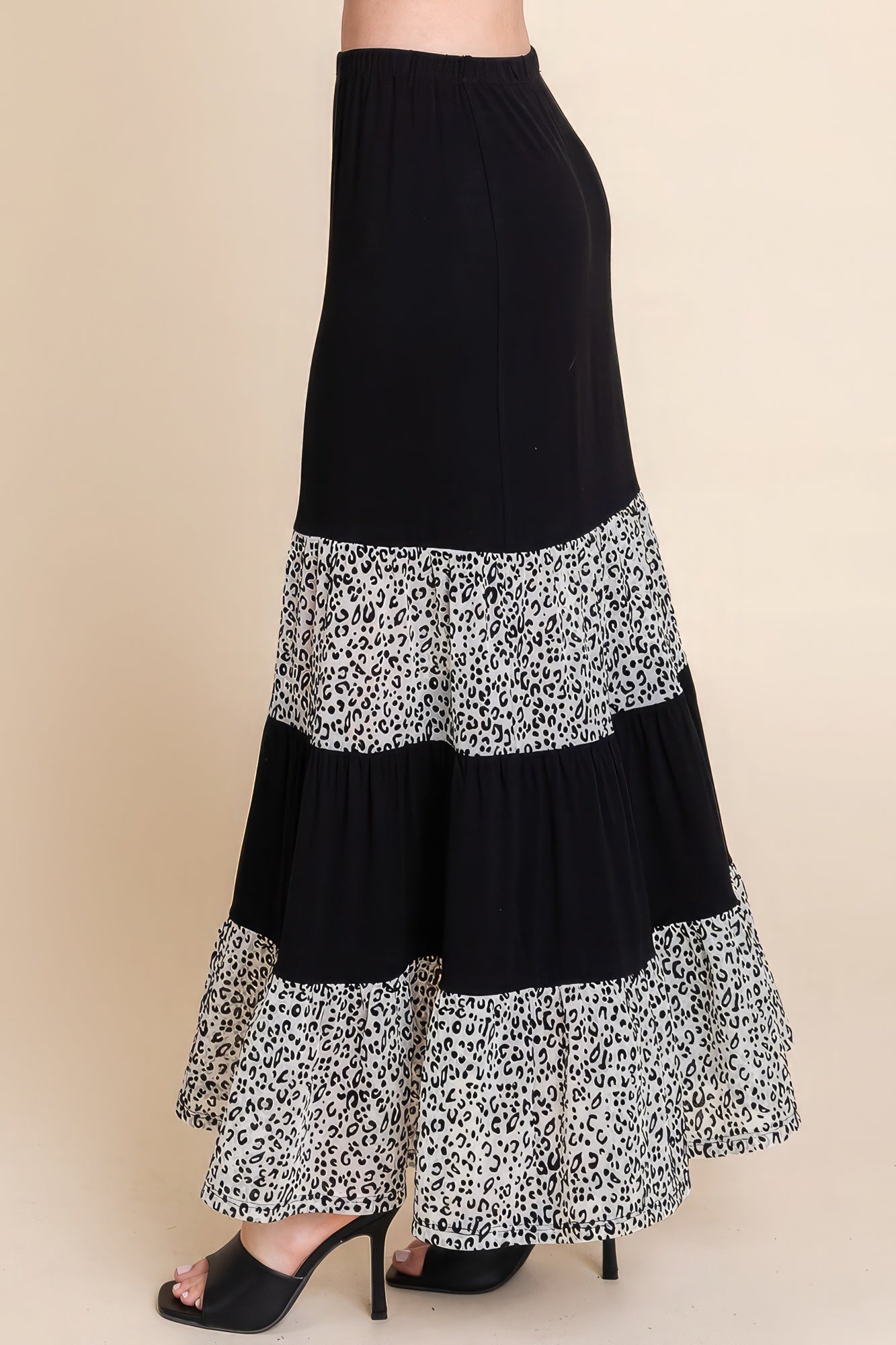 Women's Long Tiered Contrast Maxi Skirt Velvet Animal Print Mesh Lounge Relaxed