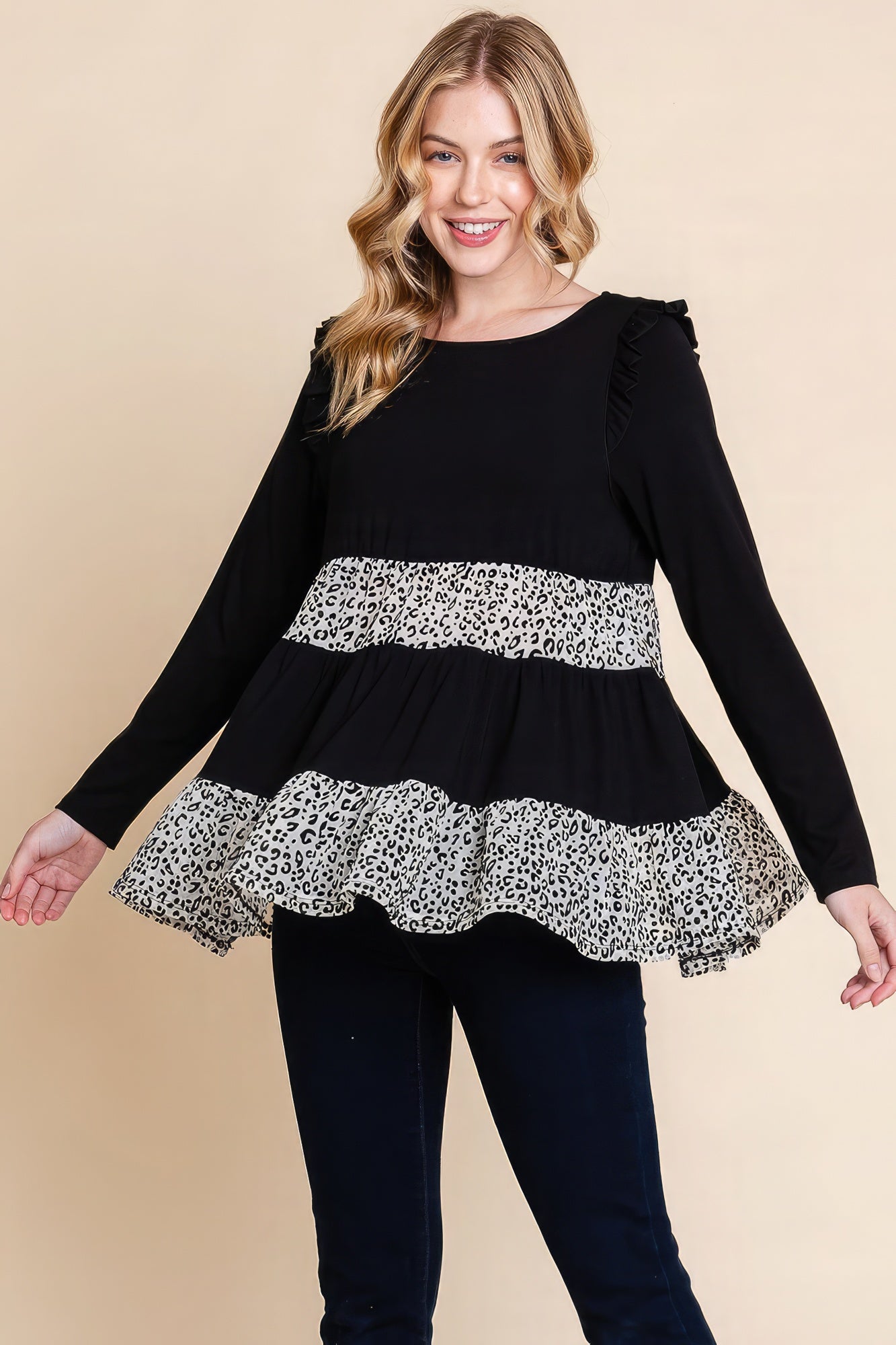 Women's Round Neck Tiered Top Velvet Animal Print Long Sleeve Soft T-Shirt