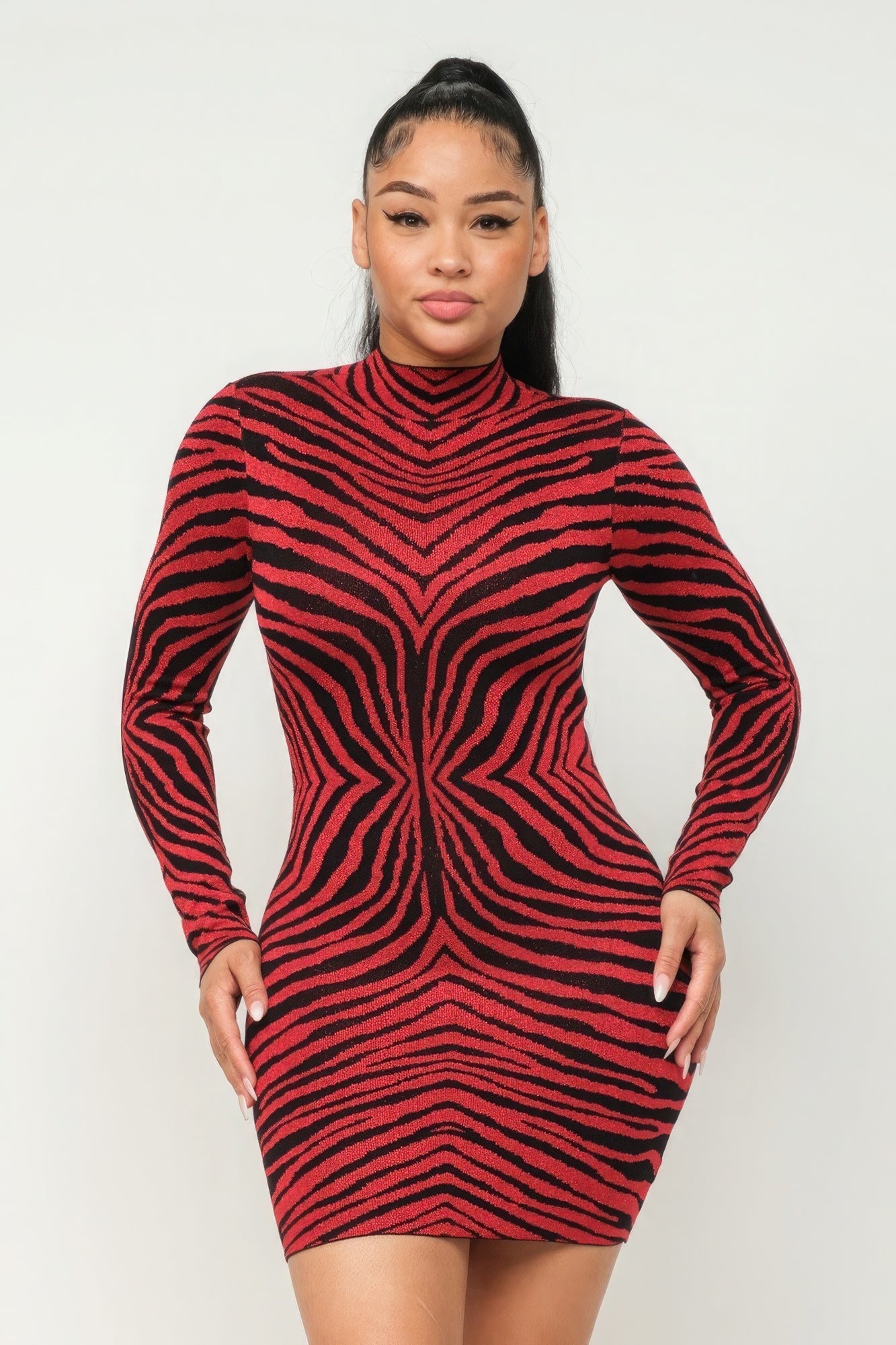 Women's Aminal Jacquard Midi Dress Lurex Mock Neck Bodycon Stretch Long Sleeve
