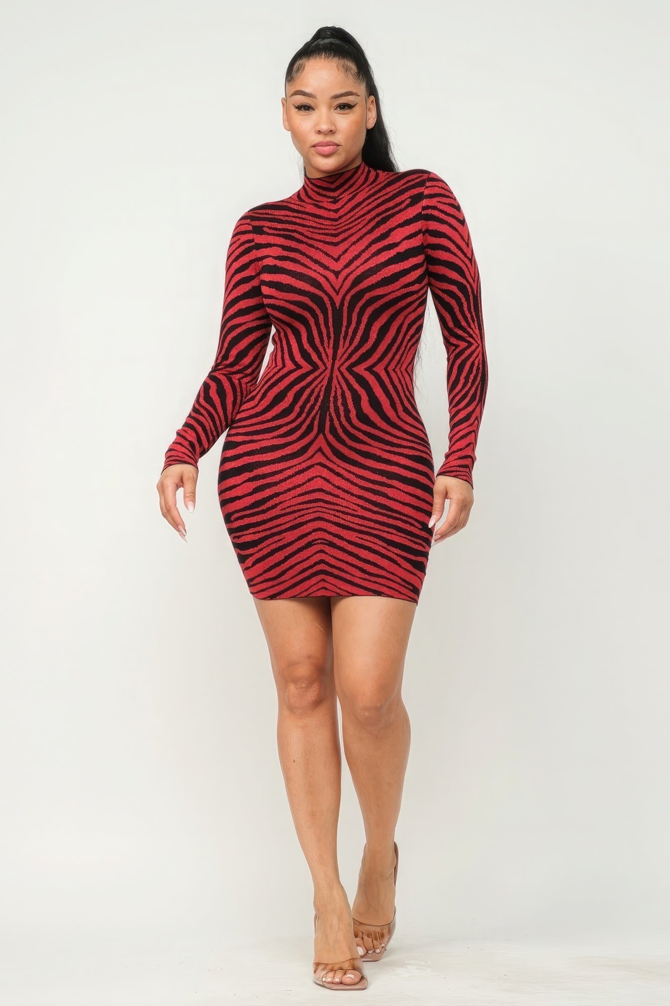 Women's Aminal Jacquard Midi Dress Lurex Mock Neck Bodycon Stretch Long Sleeve