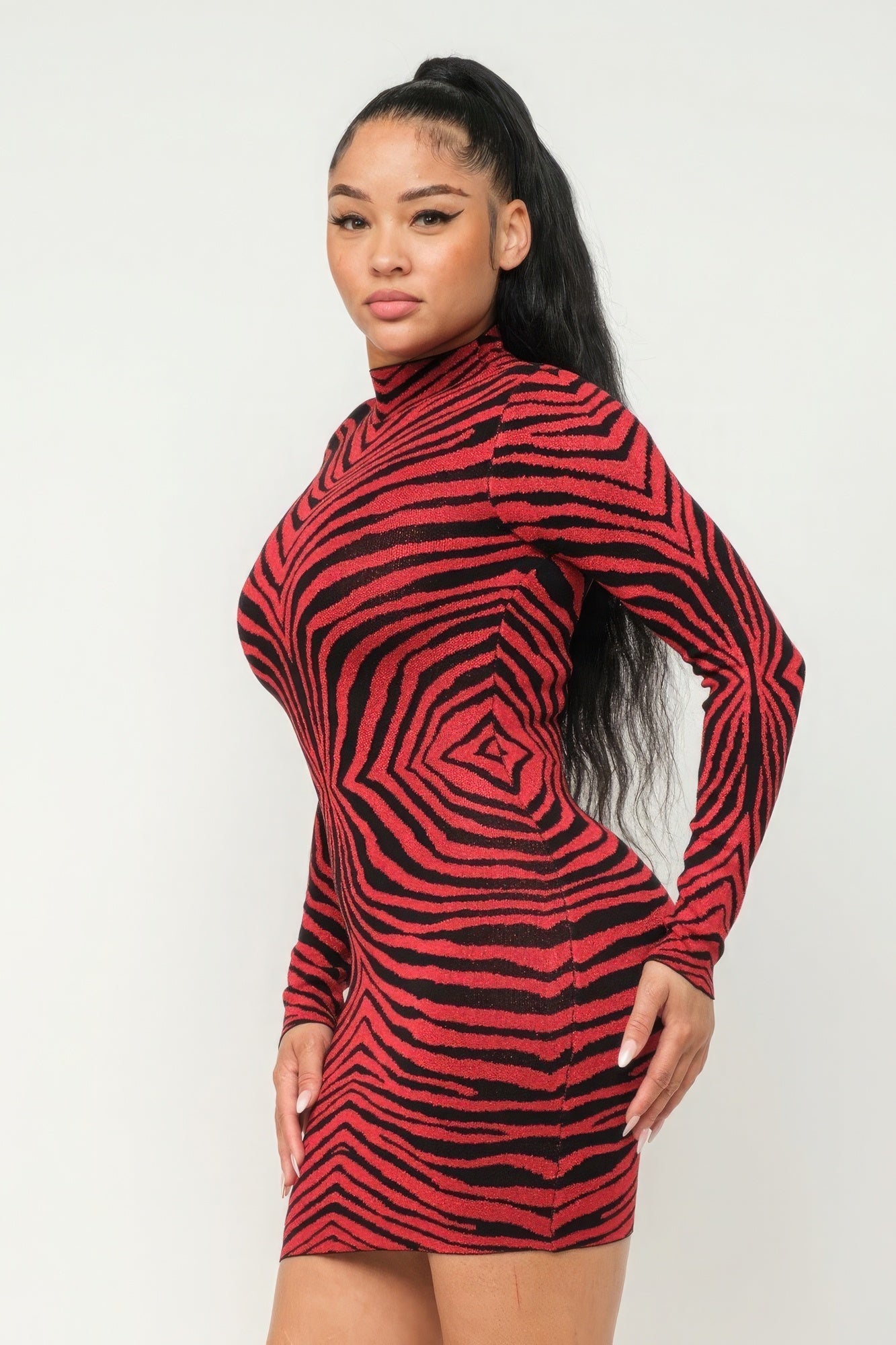 Women's Aminal Jacquard Midi Dress Lurex Mock Neck Bodycon Stretch Long Sleeve