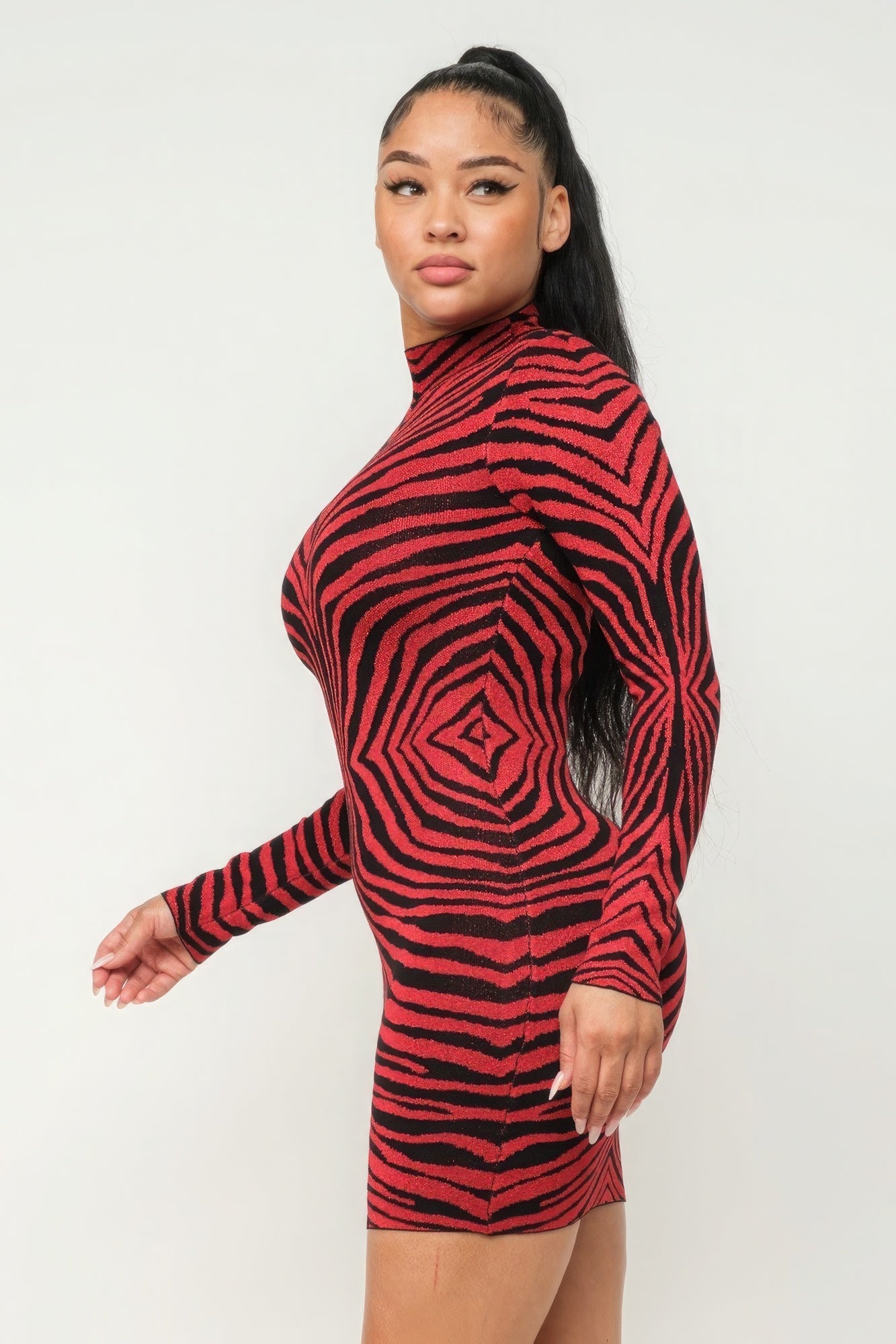 Women's Aminal Jacquard Midi Dress Lurex Mock Neck Bodycon Stretch Long Sleeve