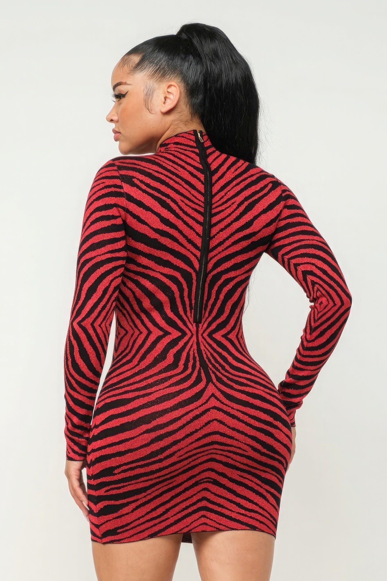 Women's Aminal Jacquard Midi Dress Lurex Mock Neck Bodycon Stretch Long Sleeve