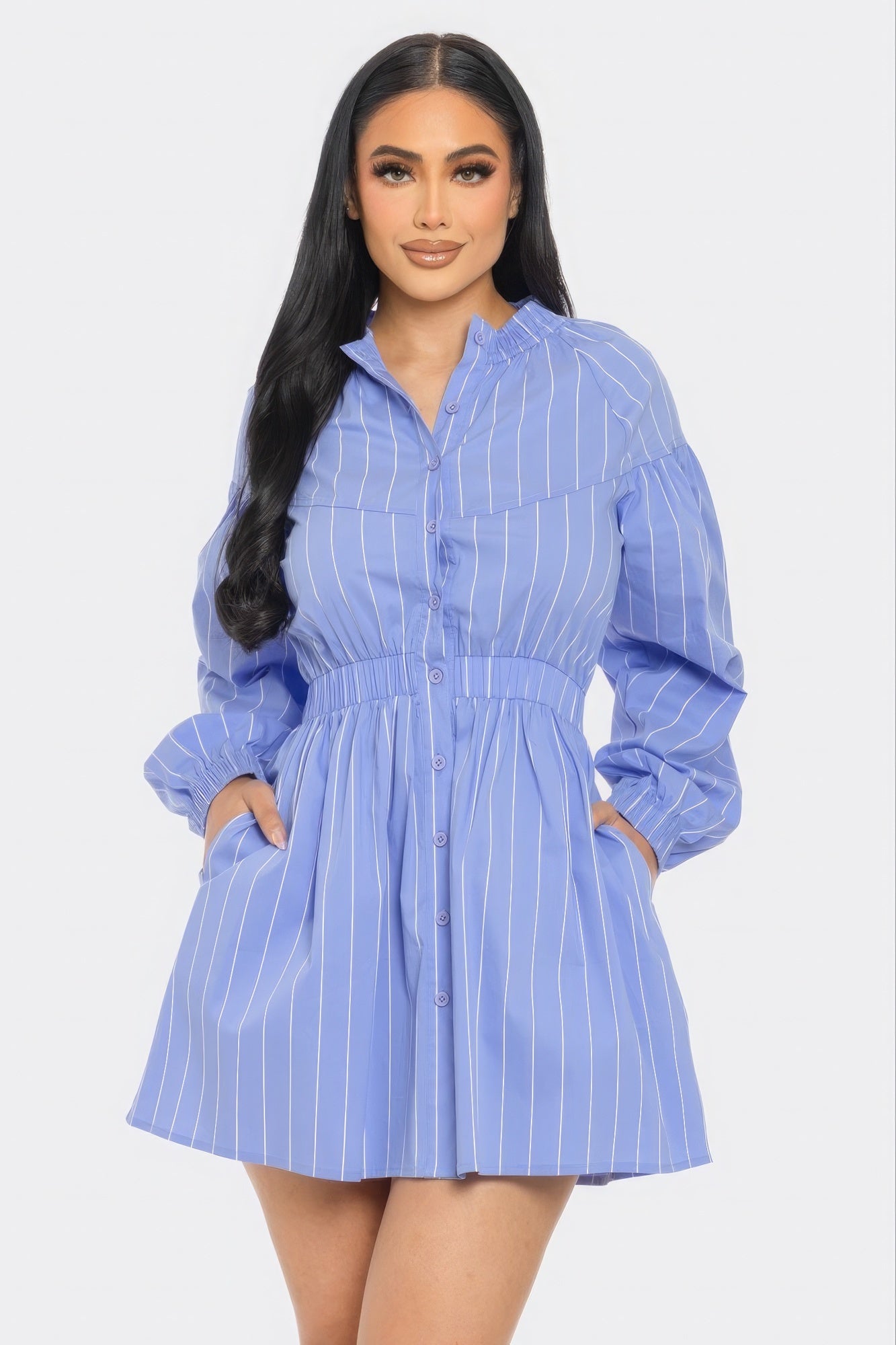 Women's Striped Mini Dress Shirt Basic Collar Dropped Long Sleeves Dolphin Hem