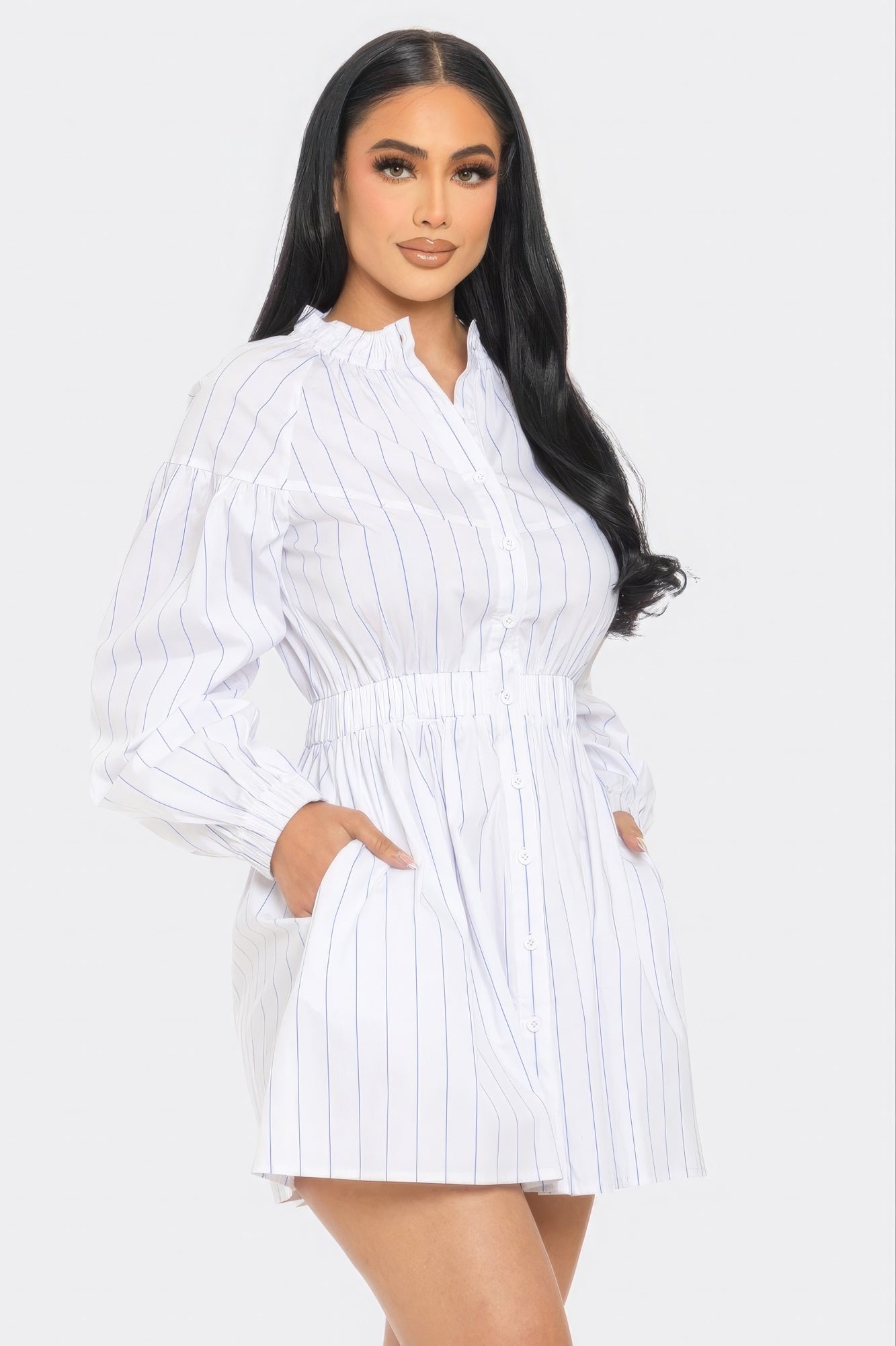 Women's Striped Mini Dress Shirt Basic Collar Dropped Long Sleeves Dolphin Hem