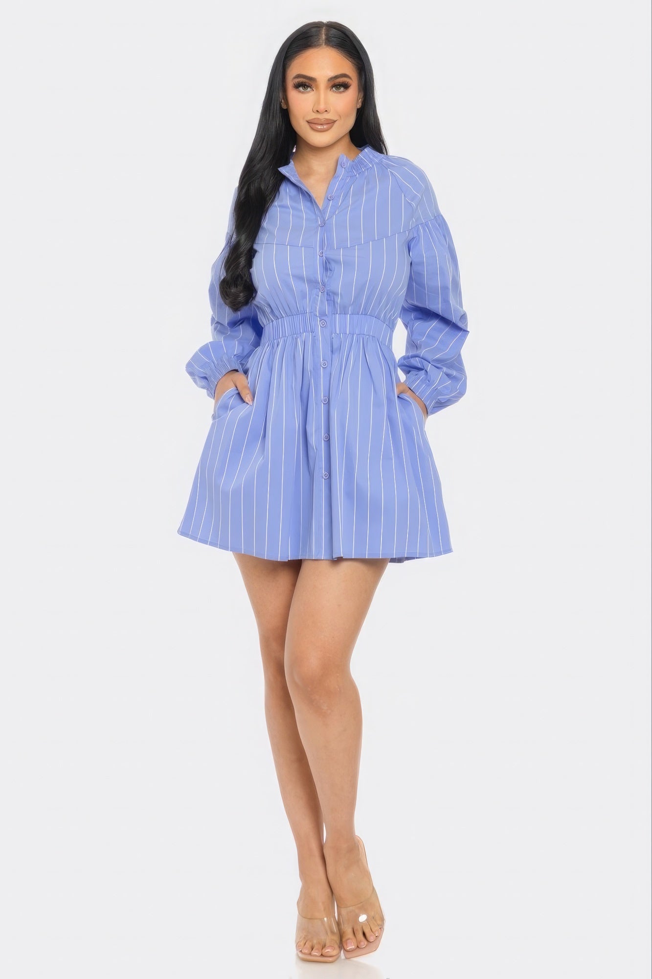 Women's Striped Mini Dress Shirt Basic Collar Dropped Long Sleeves Dolphin Hem