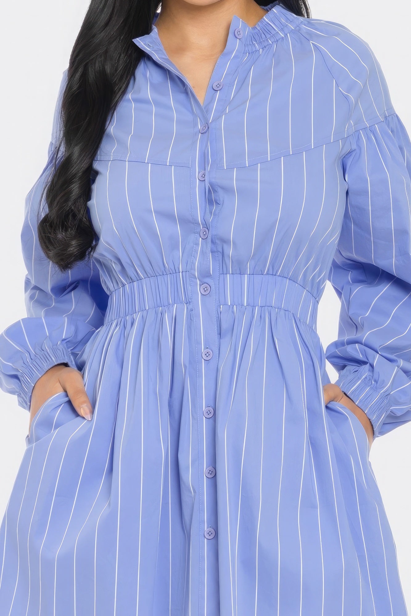 Women's Striped Mini Dress Shirt Basic Collar Dropped Long Sleeves Dolphin Hem