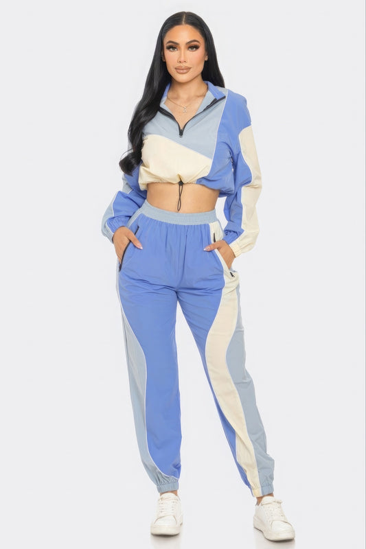 Women's Colorblock Crop Top & Cargo Joggers 2 Piece Loungewear Gym Tracksuit Set