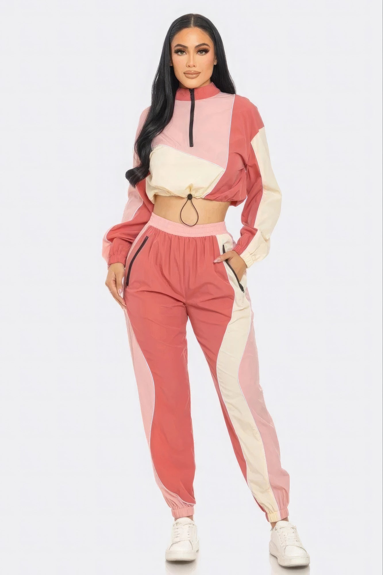 Women's Colorblock Crop Top & Cargo Joggers 2 Piece Loungewear Gym Tracksuit Set