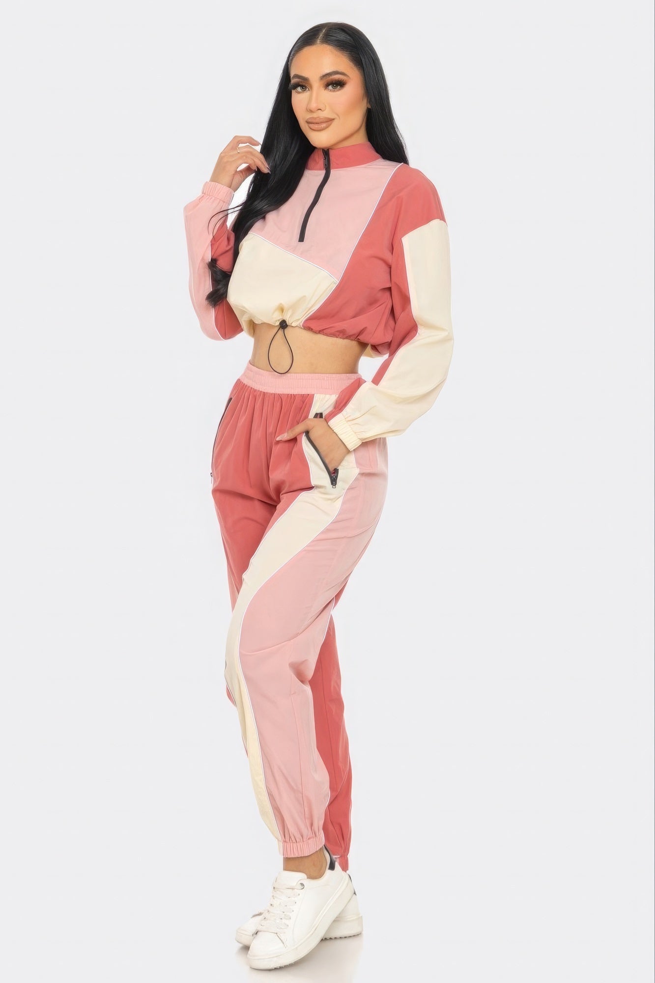 Women's Colorblock Crop Top & Cargo Joggers 2 Piece Loungewear Gym Tracksuit Set