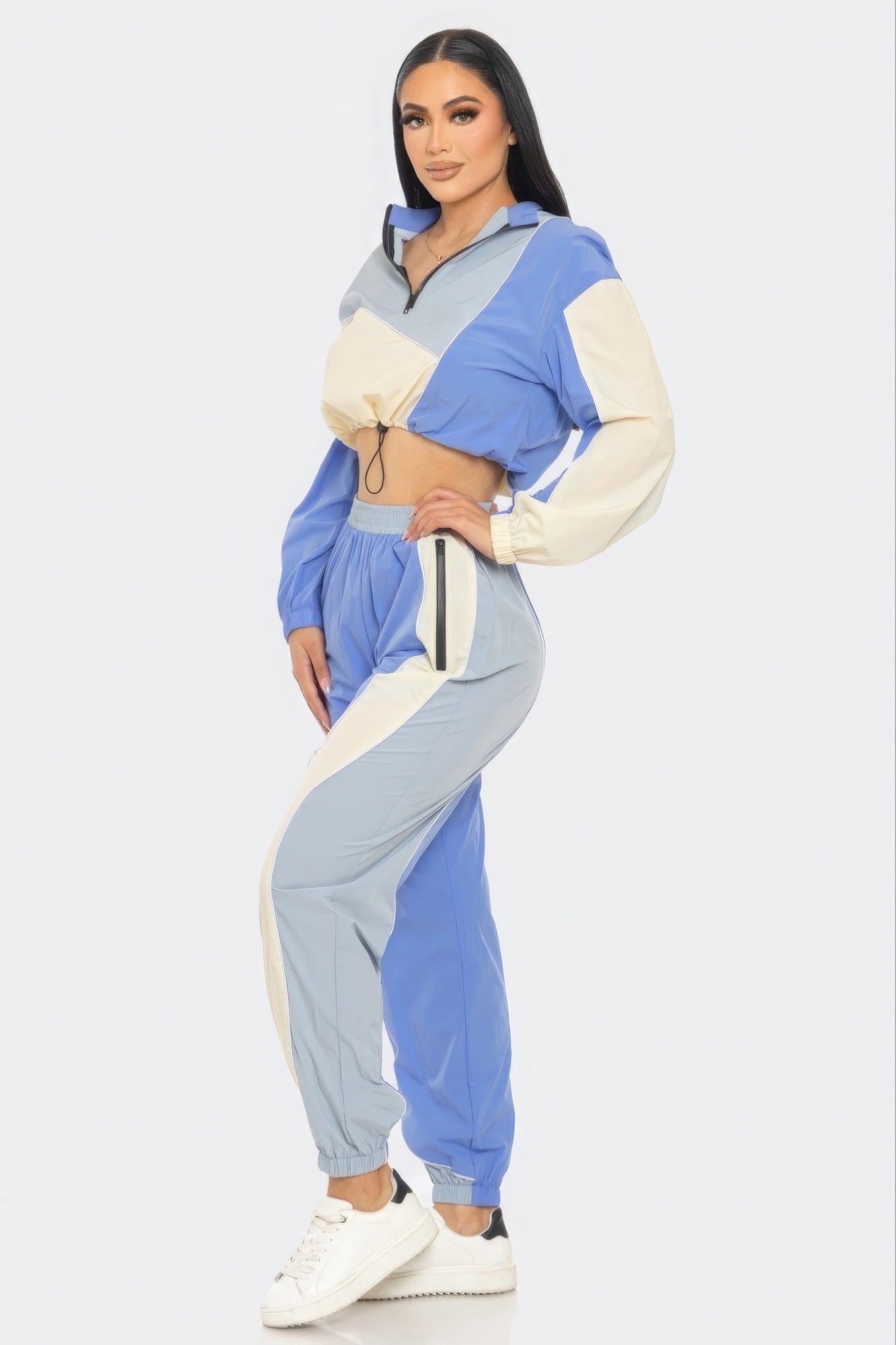 Women's Colorblock Crop Top & Cargo Joggers 2 Piece Loungewear Gym Tracksuit Set