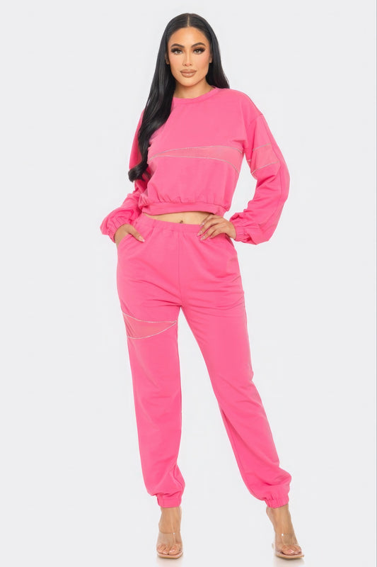 Women Terry Mesh Rhinestone Crop Top & Joggers 2 Piece Loungewear Tracksuit Set