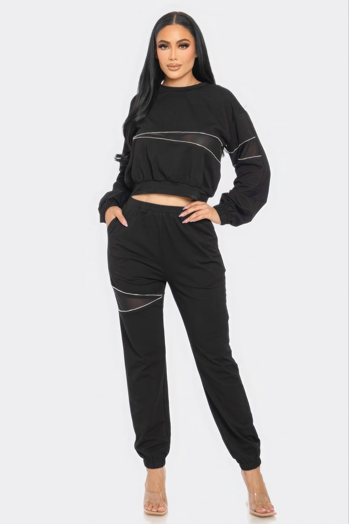 Women Terry Mesh Rhinestone Crop Top & Joggers 2 Piece Loungewear Tracksuit Set
