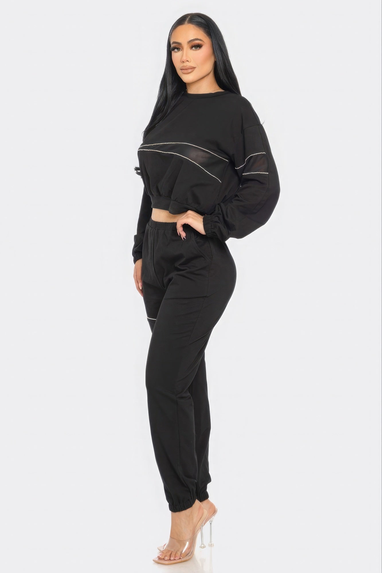 Women Terry Mesh Rhinestone Crop Top & Joggers 2 Piece Loungewear Tracksuit Set