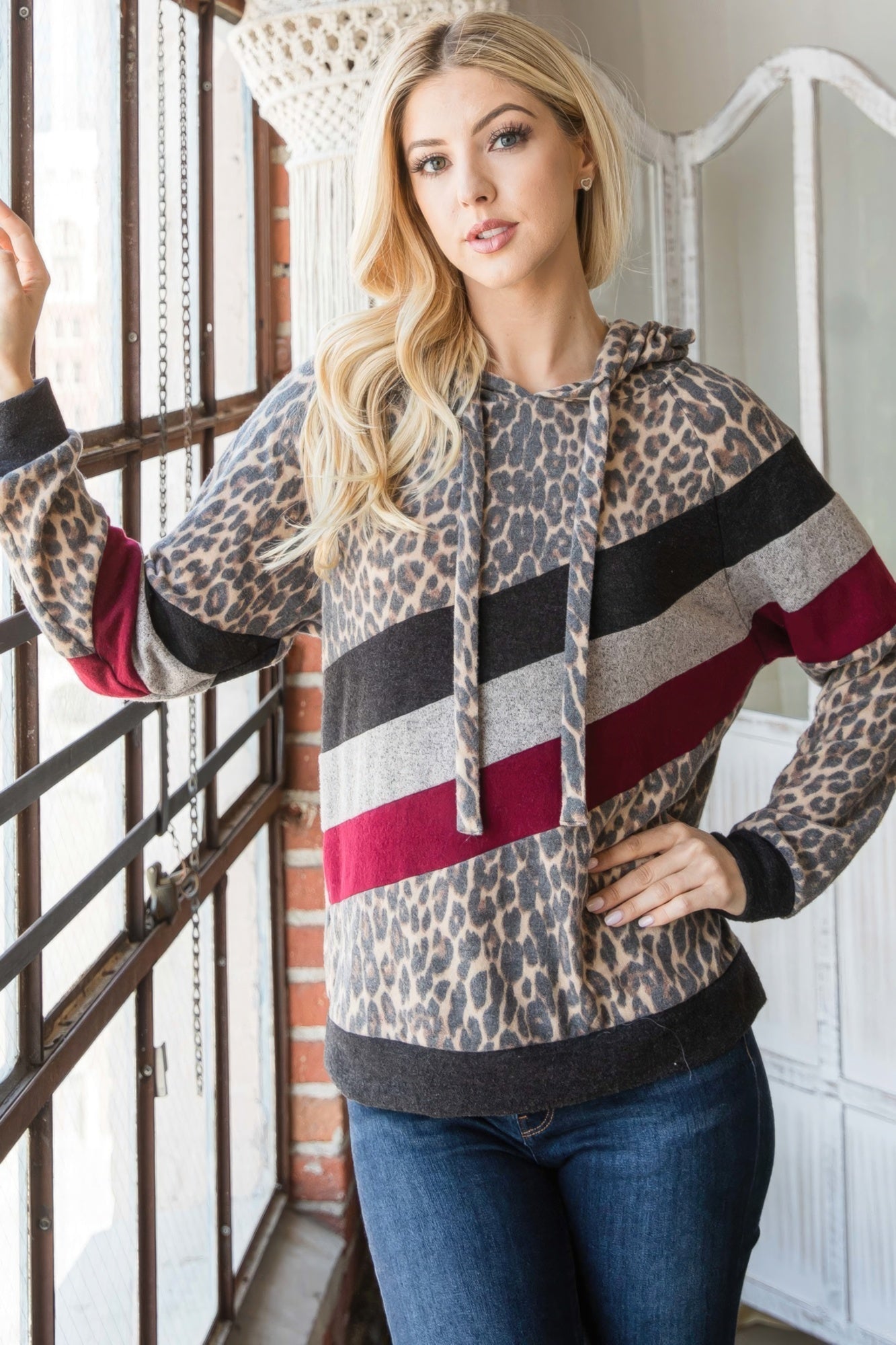 Women's Cozy Hoodie Washed Leopard Print Pullover Sweatshirt Casual Long Sleeve