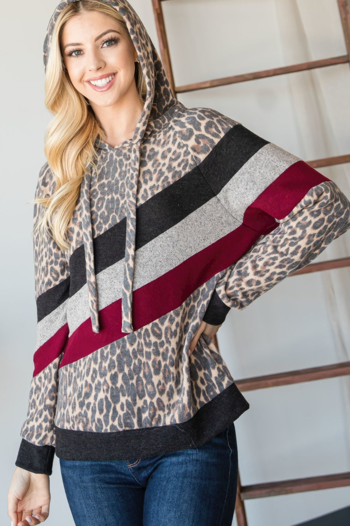 Women's Cozy Hoodie Washed Leopard Print Pullover Sweatshirt Casual Long Sleeve