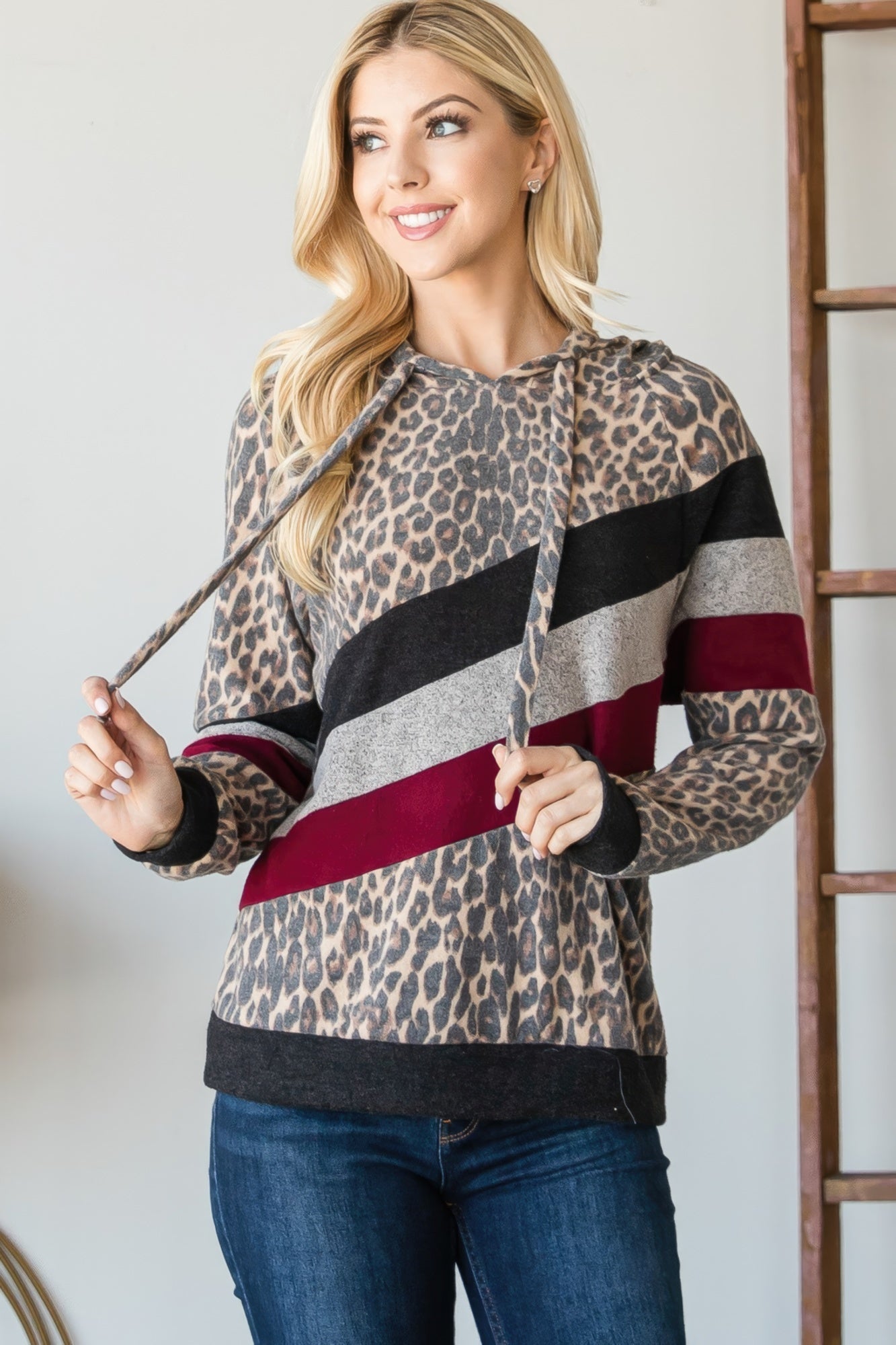 Women's Cozy Hoodie Washed Leopard Print Pullover Sweatshirt Casual Long Sleeve