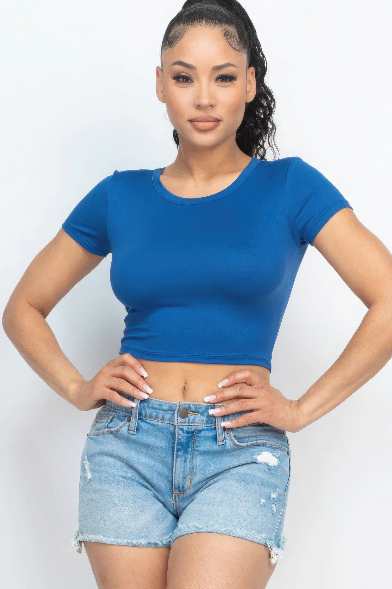 Women Cropped Top T-Shirt Round Neck Soft Stretch Knit Tee Short Sleeve