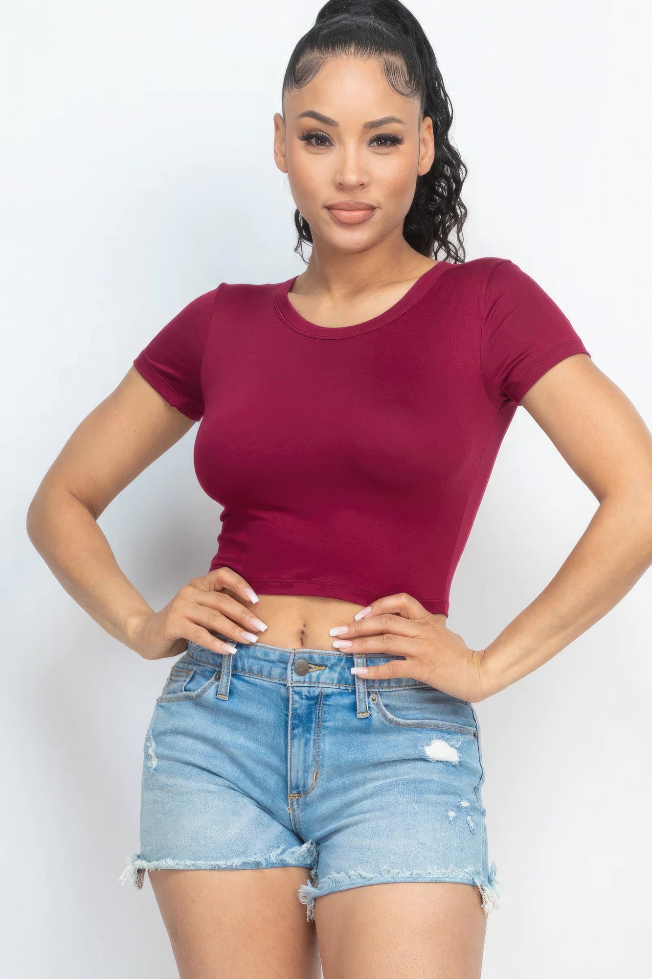 Women Cropped Top T-Shirt Round Neck Soft Stretch Knit Tee Short Sleeve