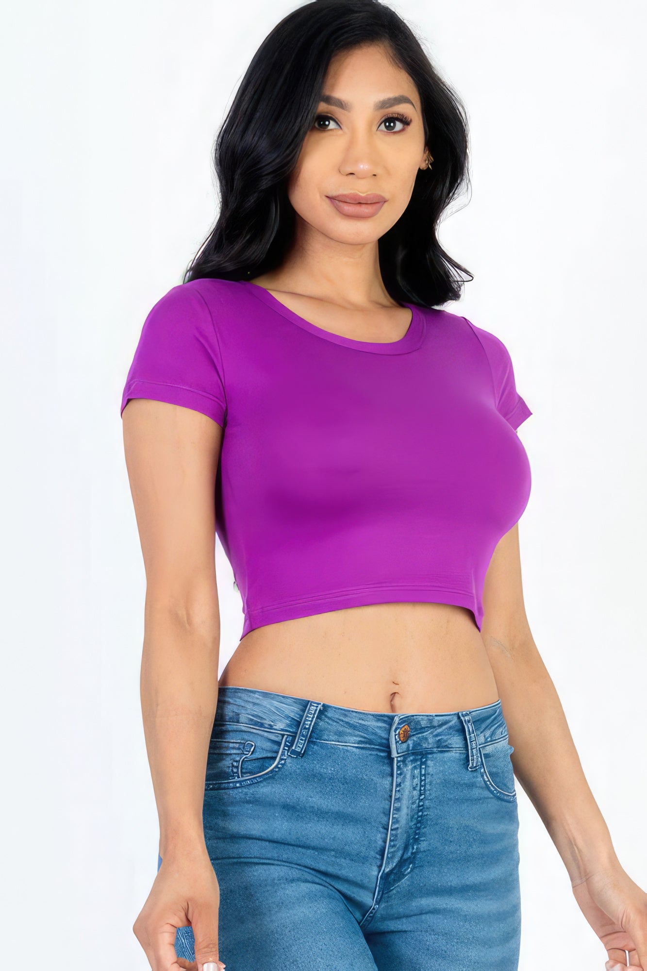 Women's Cropped Top T-Shirt Round Neck Soft Stretch Knit Tee Short Sleeve