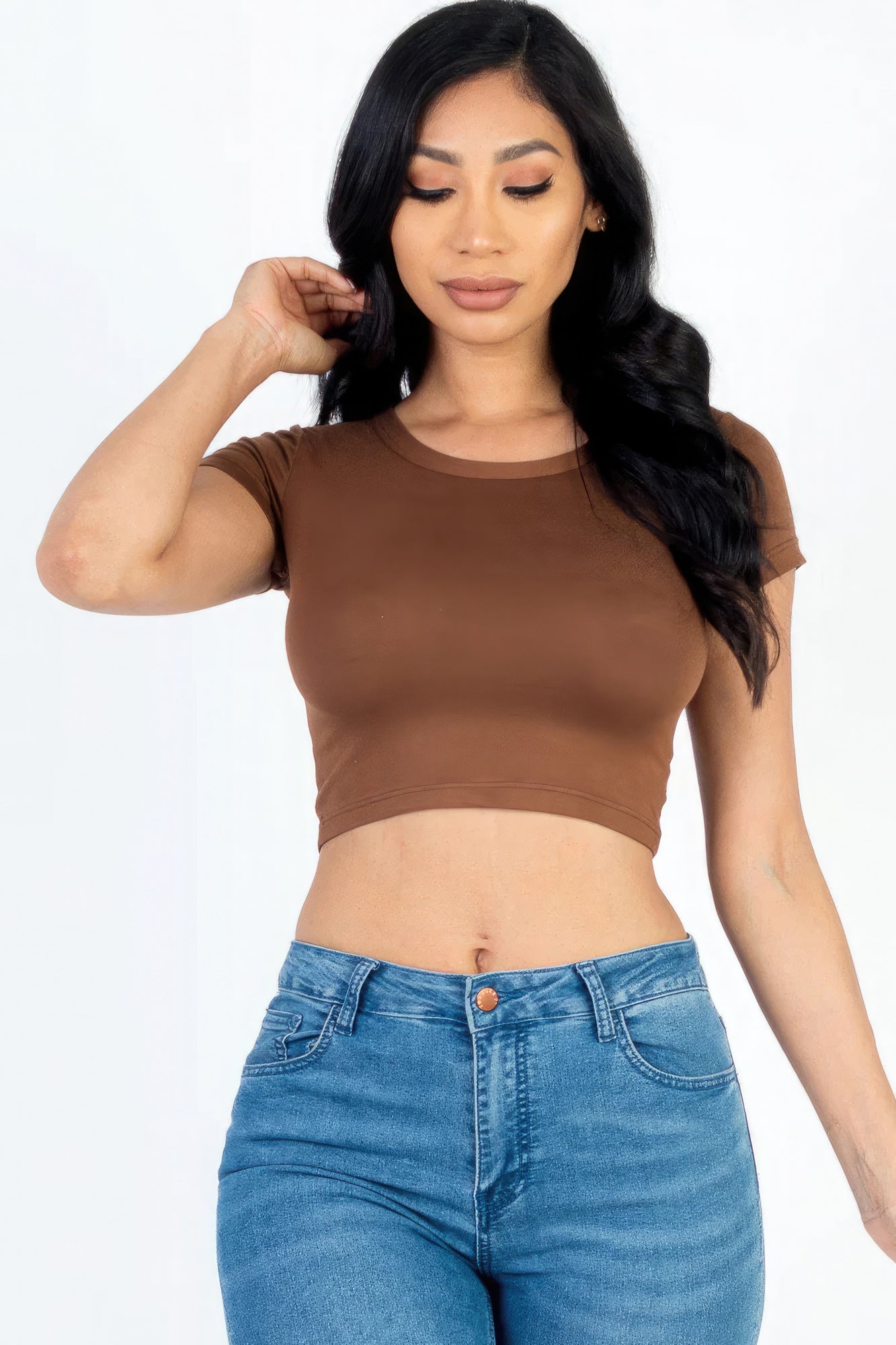 Women Cropped Top T-Shirt Round Neck Soft Stretch Knit Tee Short Sleeve