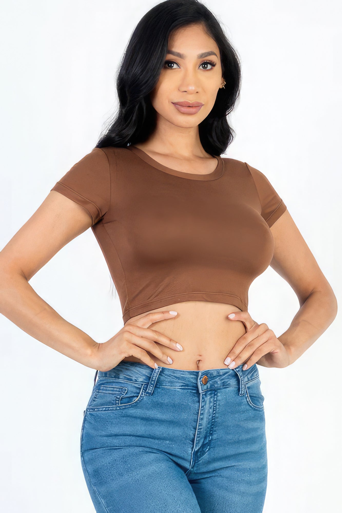 Women Cropped Top T-Shirt Round Neck Soft Stretch Knit Tee Short Sleeve