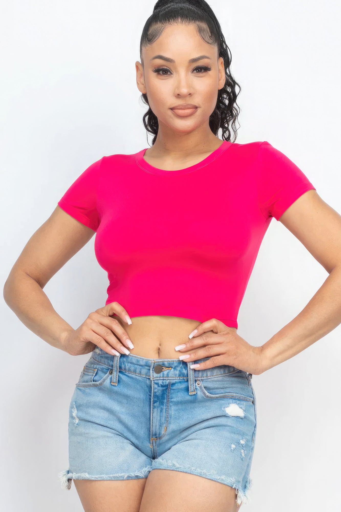 Women Cropped Top T-Shirt Round Neck Soft Stretch Knit Tee Short Sleeve