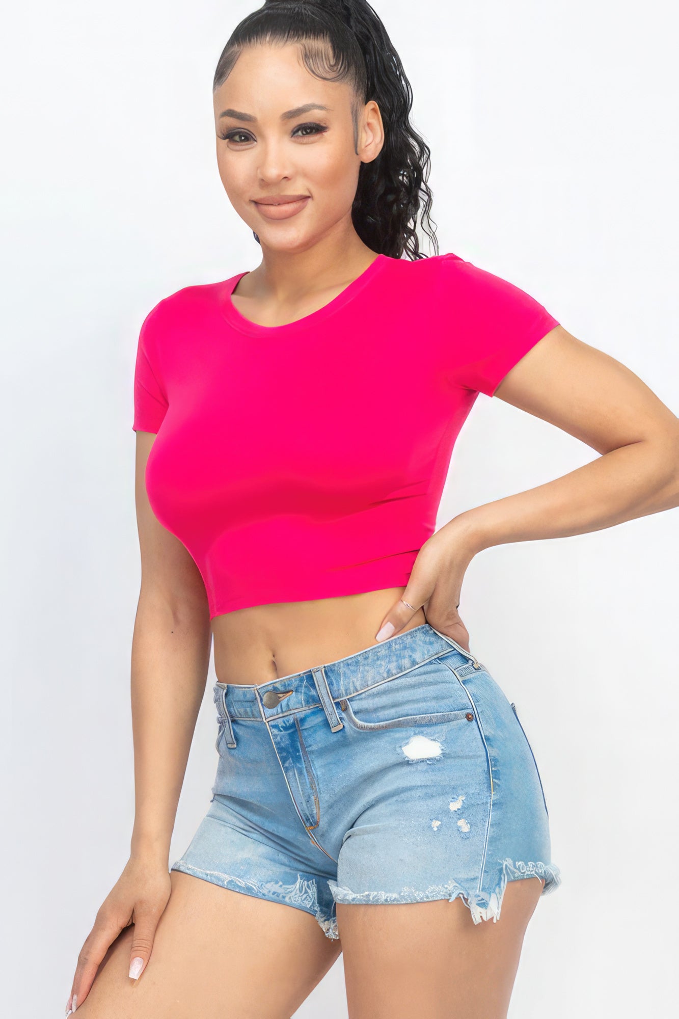 Women Cropped Top T-Shirt Round Neck Soft Stretch Knit Tee Short Sleeve