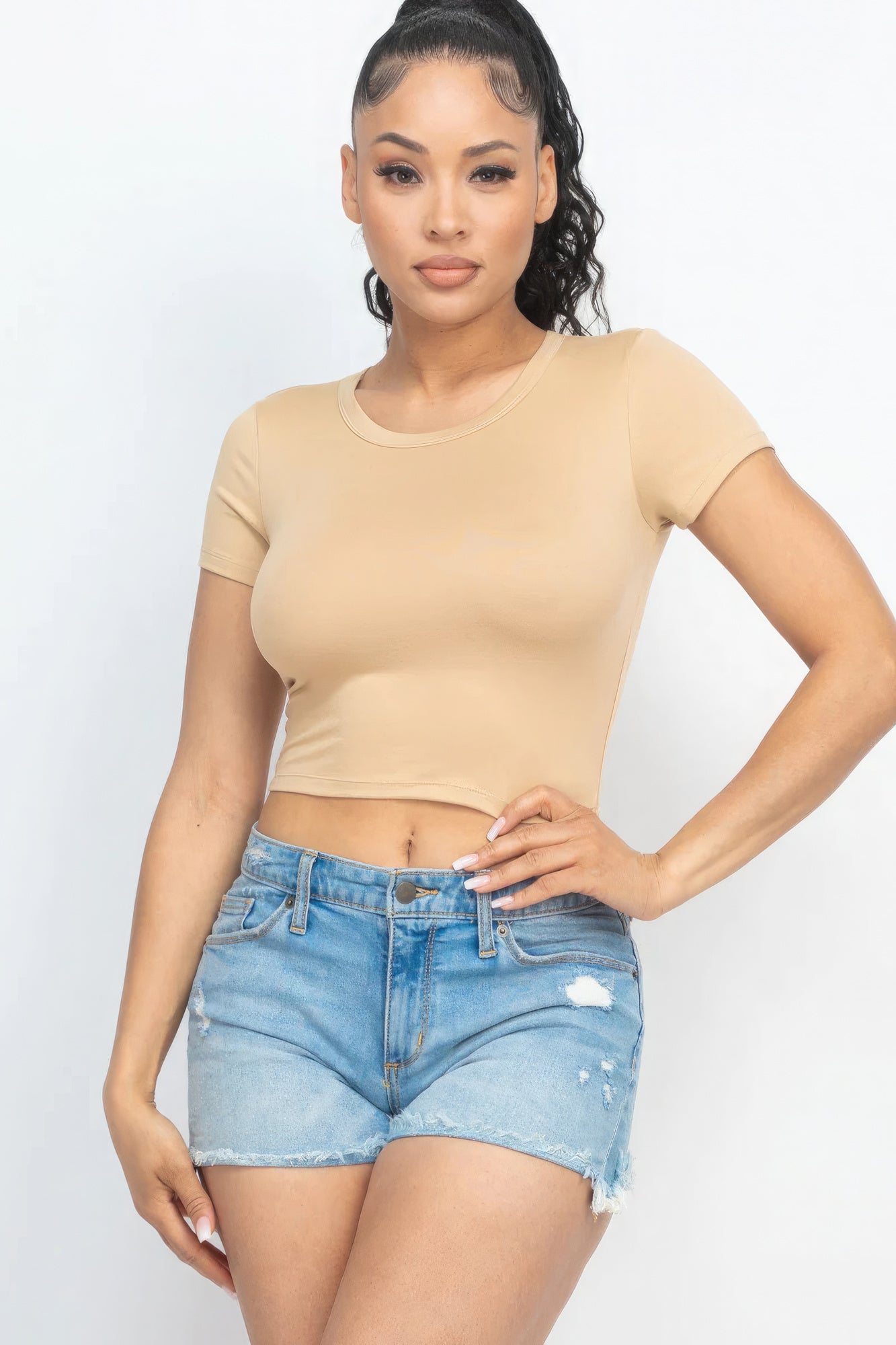 Women Cropped Top T-Shirt Round Neck Soft Stretch Knit Tee Short Sleeve