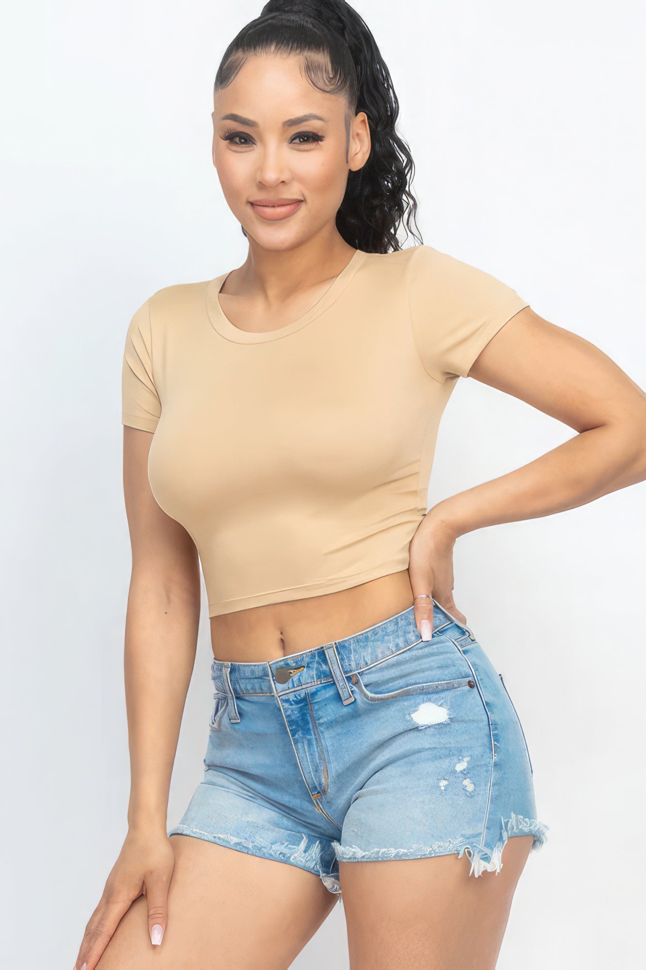 Women Cropped Top T-Shirt Round Neck Soft Stretch Knit Tee Short Sleeve