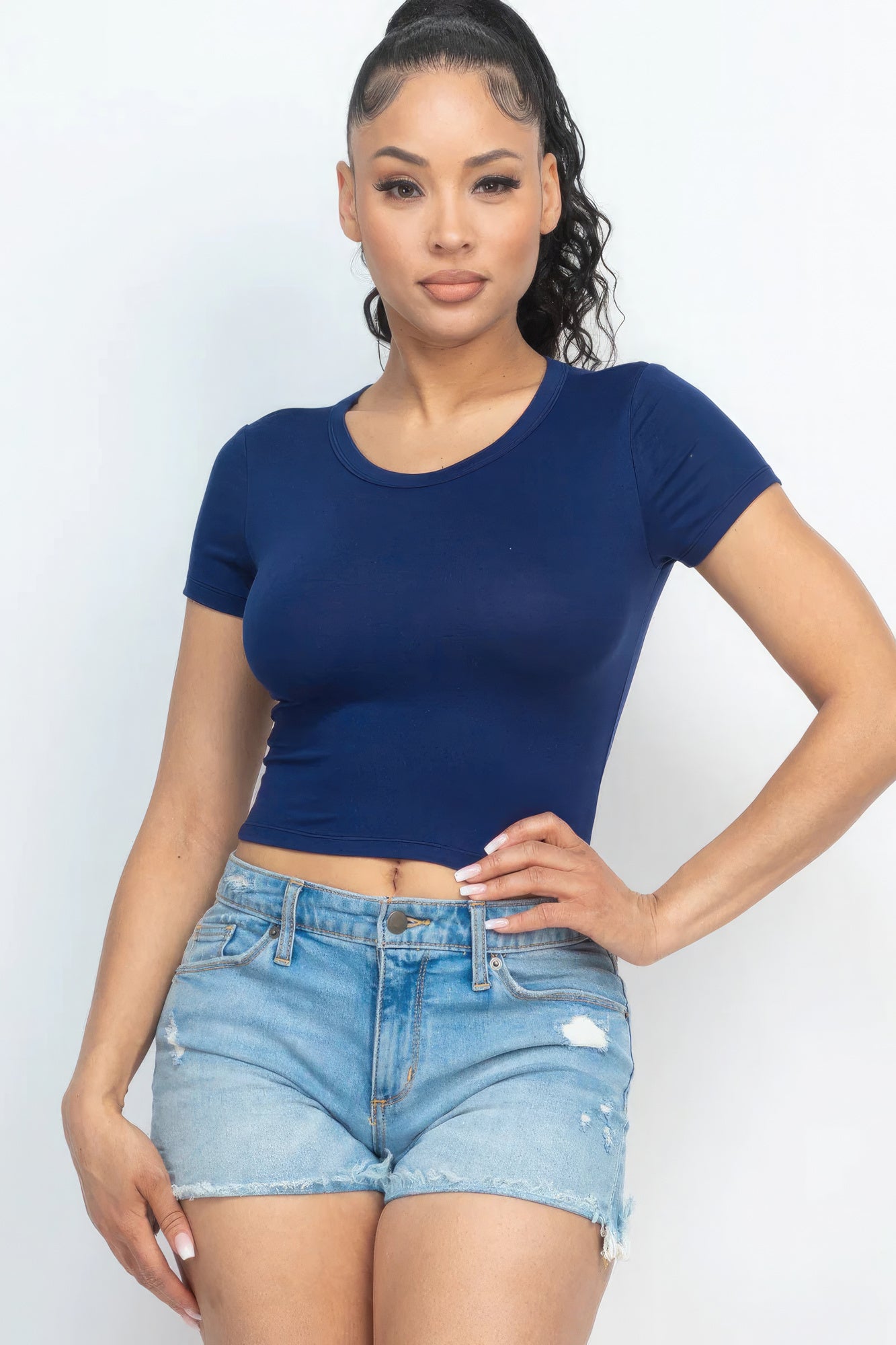 Women's Cropped Top T-Shirt Round Neck Soft Stretch Knit Tee Short Sleeve