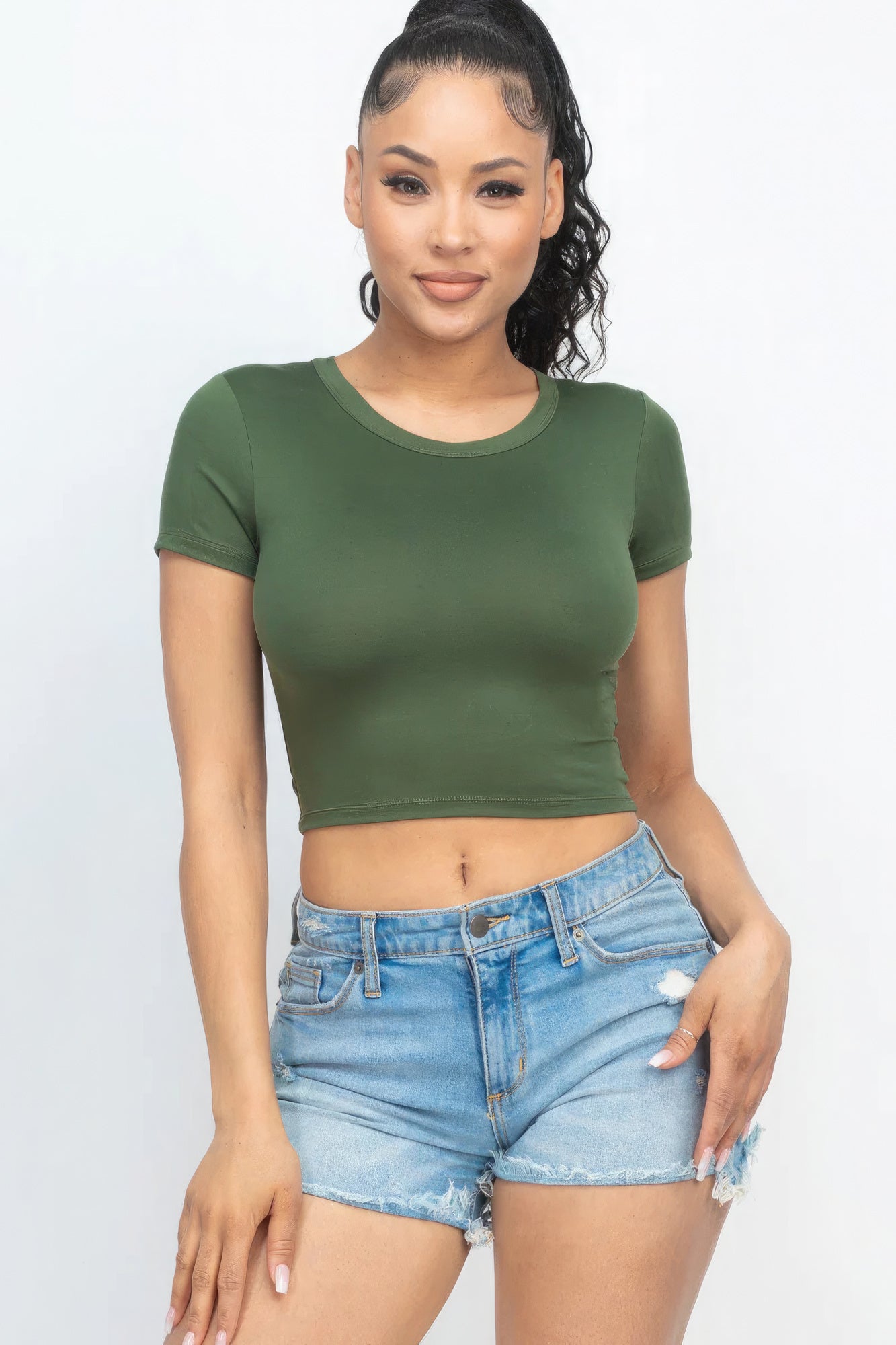 Women's Cropped Top T-Shirt Round Neck Soft Stretch Knit Tee Short Sleeve