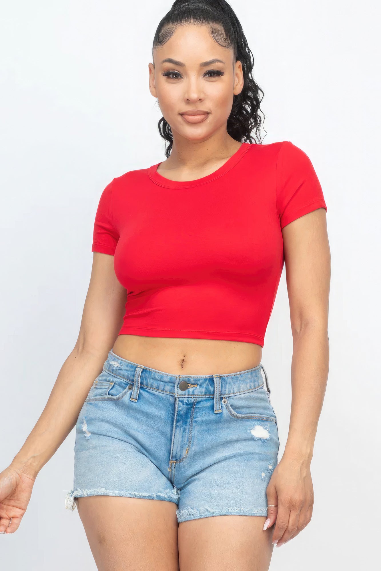 Women's Cropped Top T-Shirt Round Neck Soft Stretch Knit Tee Short Sleeve