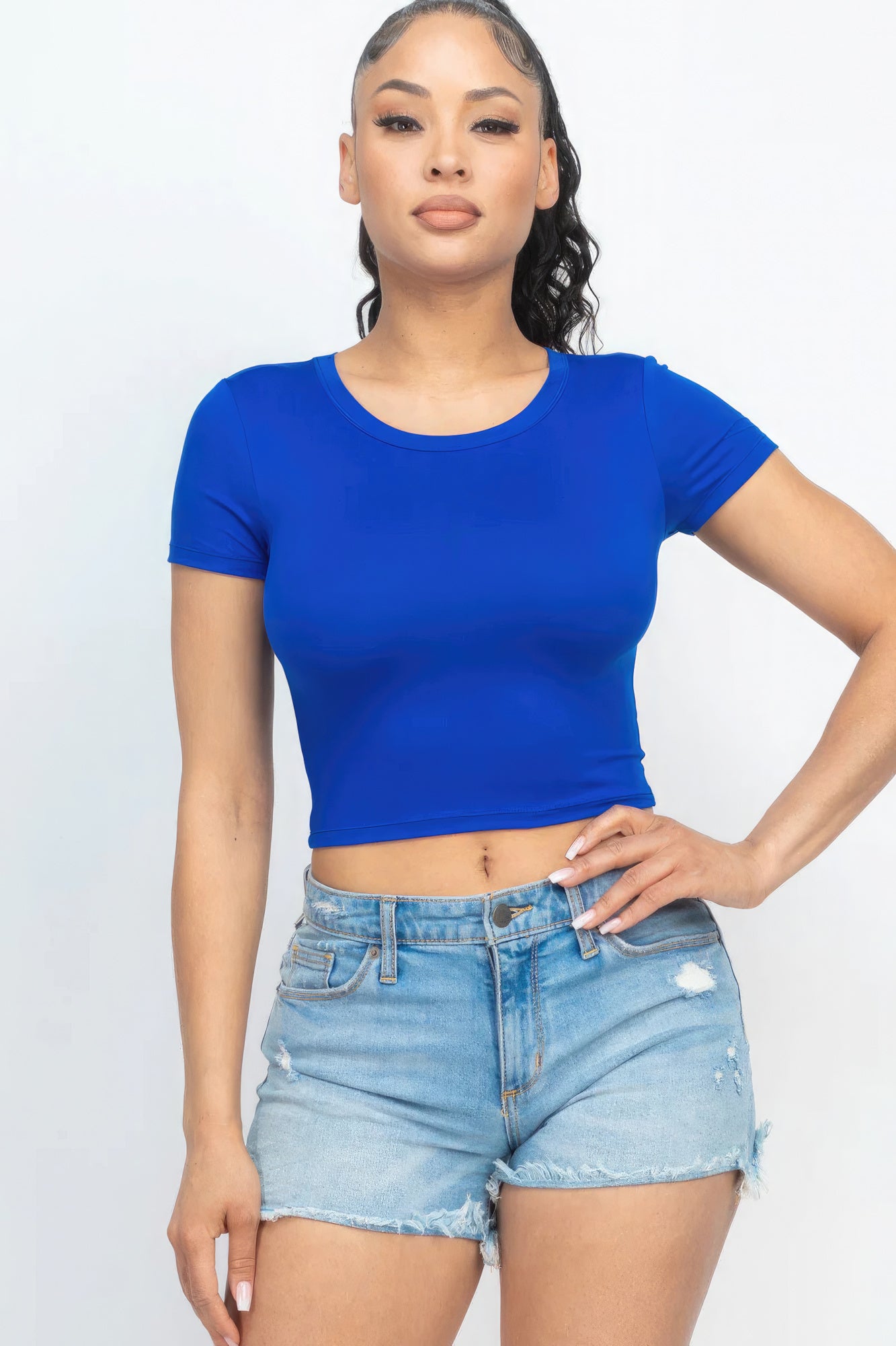 Women's Cropped Top T-Shirt Round Neck Soft Stretch Knit Tee Short Sleeve