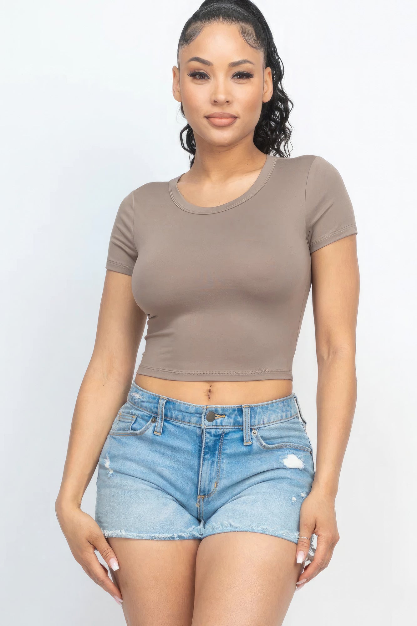 Women's Cropped Top T-Shirt Round Neck Soft Stretch Knit Tee Short Sleeve