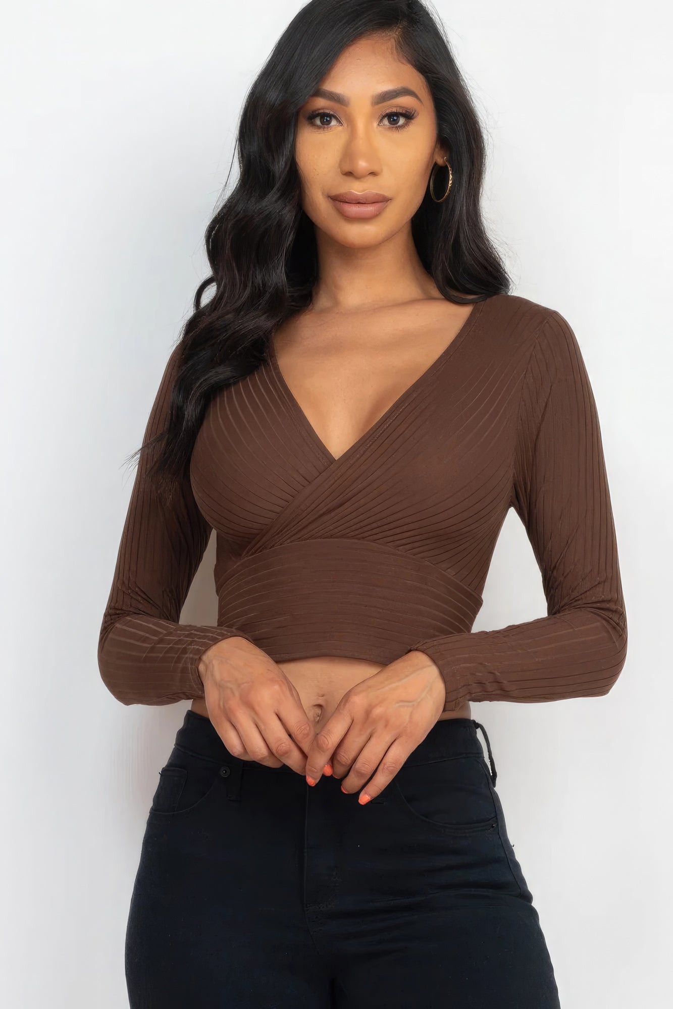 Women's Ribbed Wrap Front Top Long Sleeve Cropped T-Shirt Soft Stretch V-Neck
