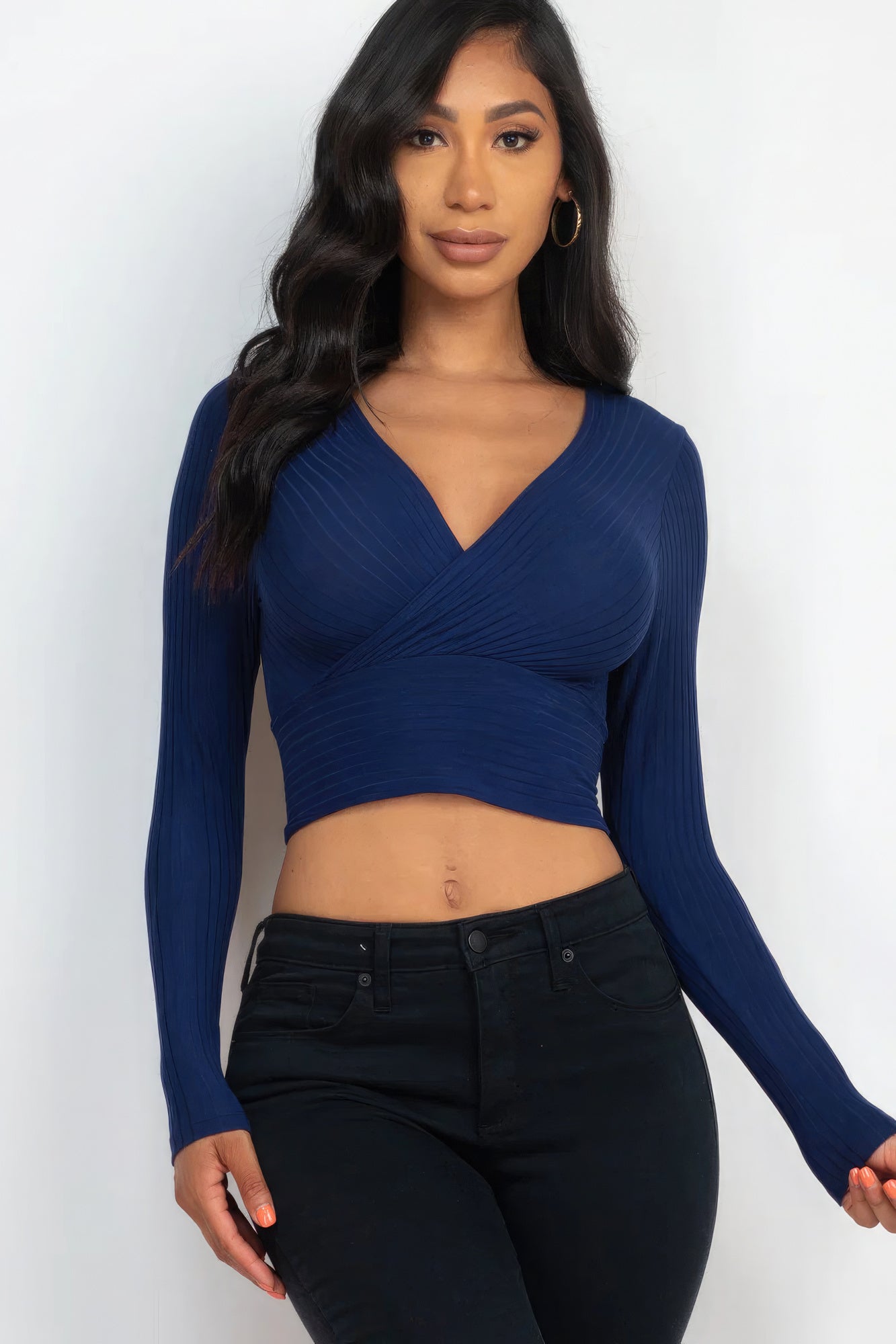 Women's Ribbed Wrap Front Top Long Sleeve Cropped T-Shirt Soft Stretch V-Neck