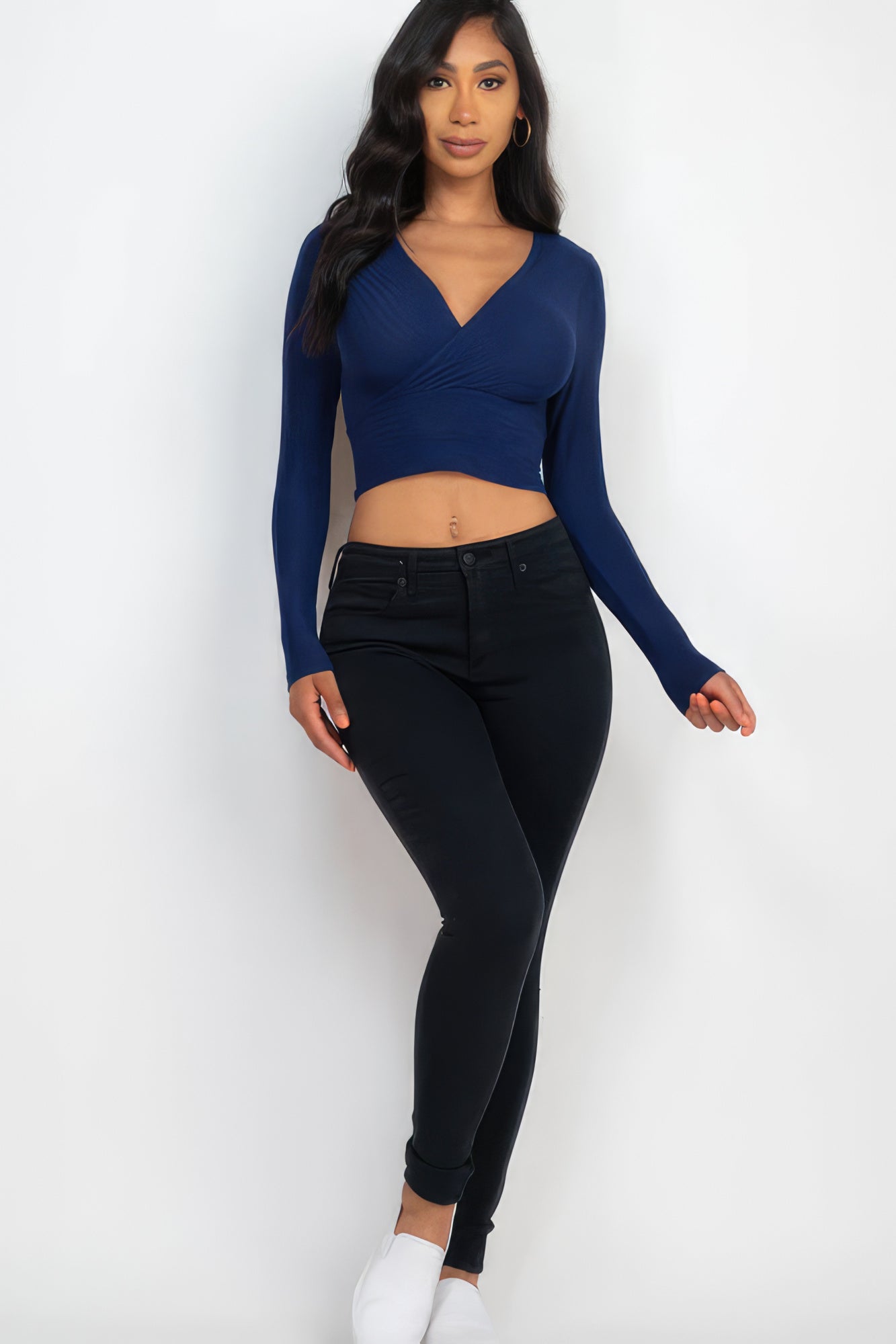 Women's Ribbed Wrap Front Top Long Sleeve Cropped T-Shirt Soft Stretch V-Neck