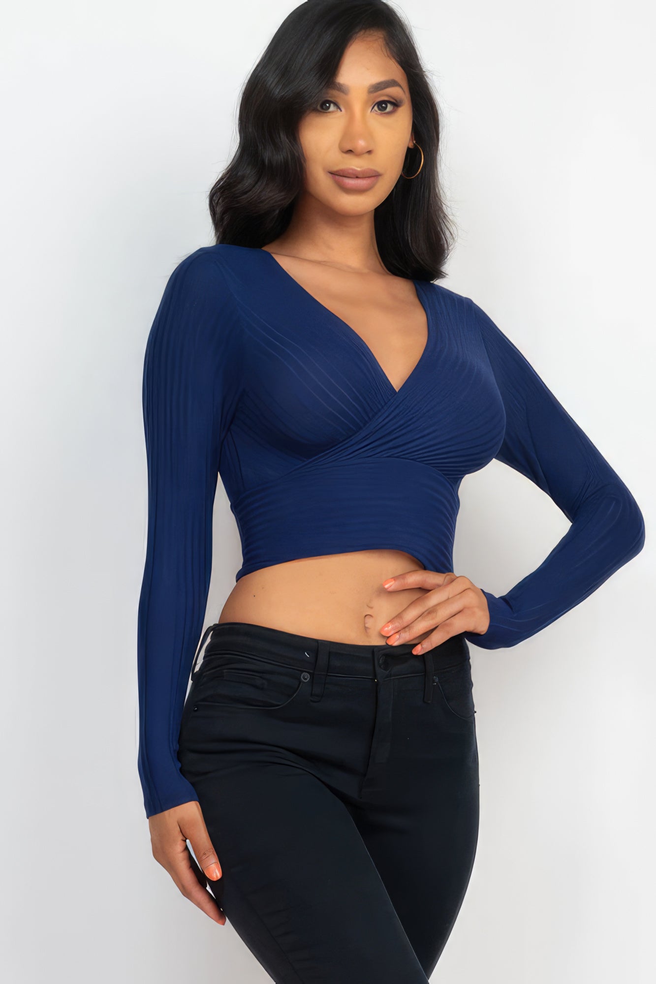 Women's Ribbed Wrap Front Top Long Sleeve Cropped T-Shirt Soft Stretch V-Neck