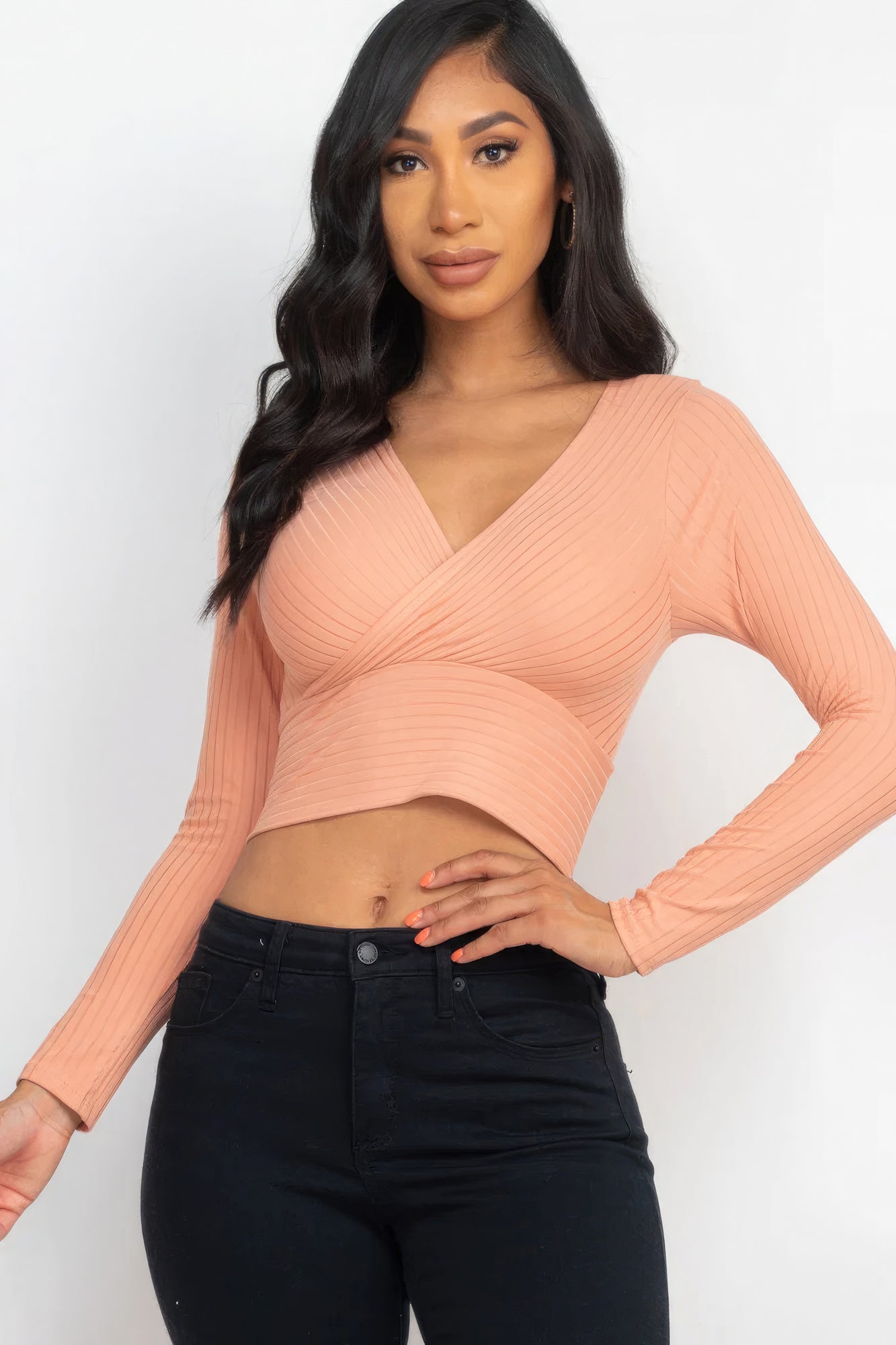 Women's Ribbed Wrap Front Top Long Sleeve Cropped T-Shirt Soft Stretch V-Neck