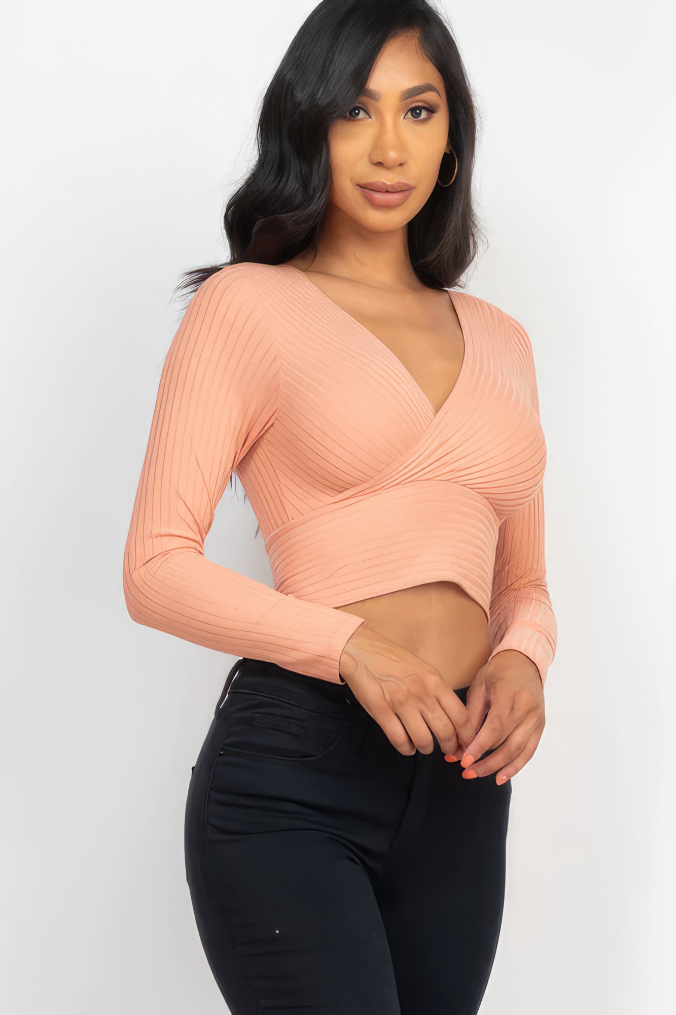 Women's Ribbed Wrap Front Top Long Sleeve Cropped T-Shirt Soft Stretch V-Neck