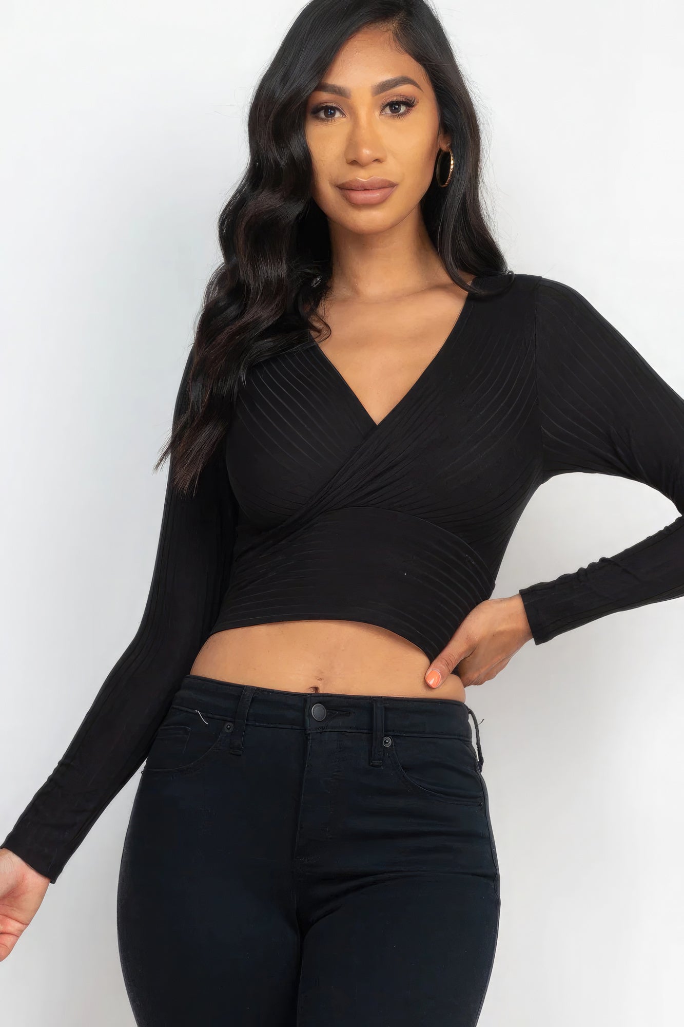 Women's Ribbed Wrap Front Top Long Sleeve Cropped T-Shirt Soft Stretch V-Neck