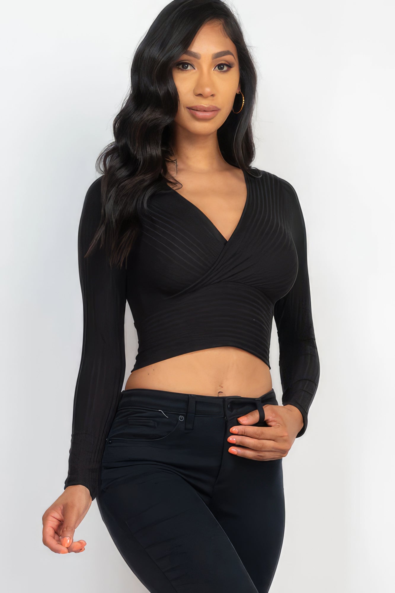 Women's Ribbed Wrap Front Top Long Sleeve Cropped T-Shirt Soft Stretch V-Neck