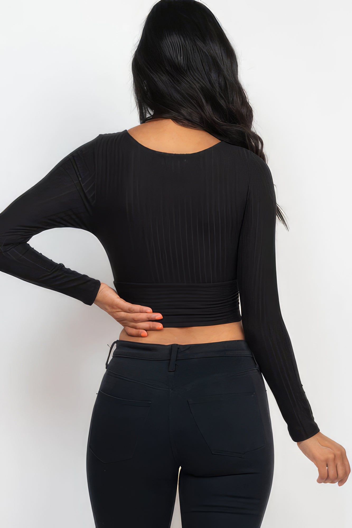 Women's Ribbed Wrap Front Top Long Sleeve Cropped T-Shirt Soft Stretch V-Neck
