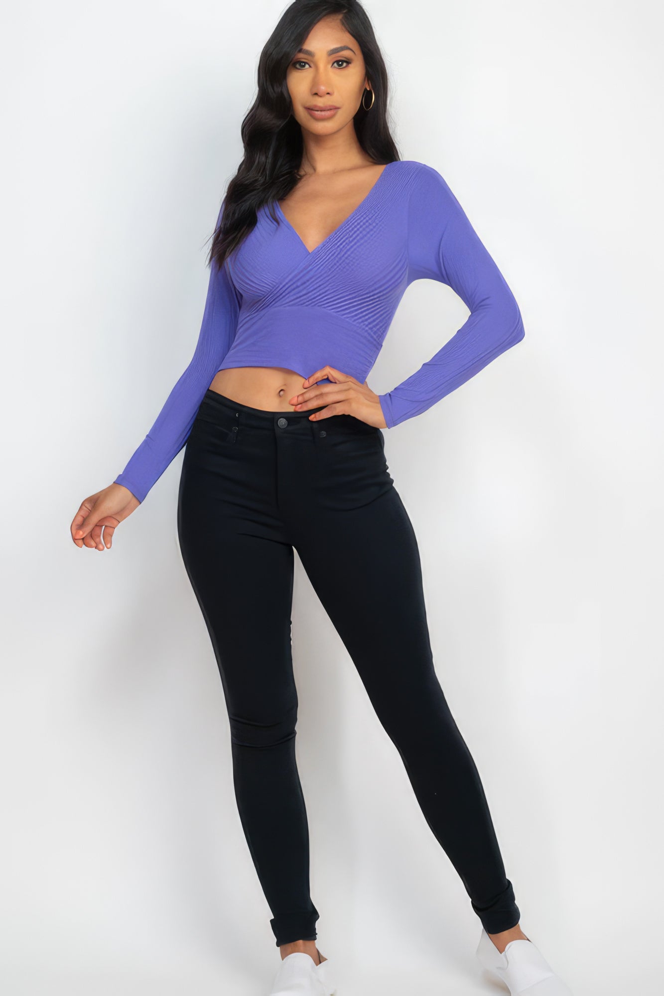 Women's Ribbed Wrap Front Top Long Sleeve Cropped T-Shirt Soft Stretch V-Neck