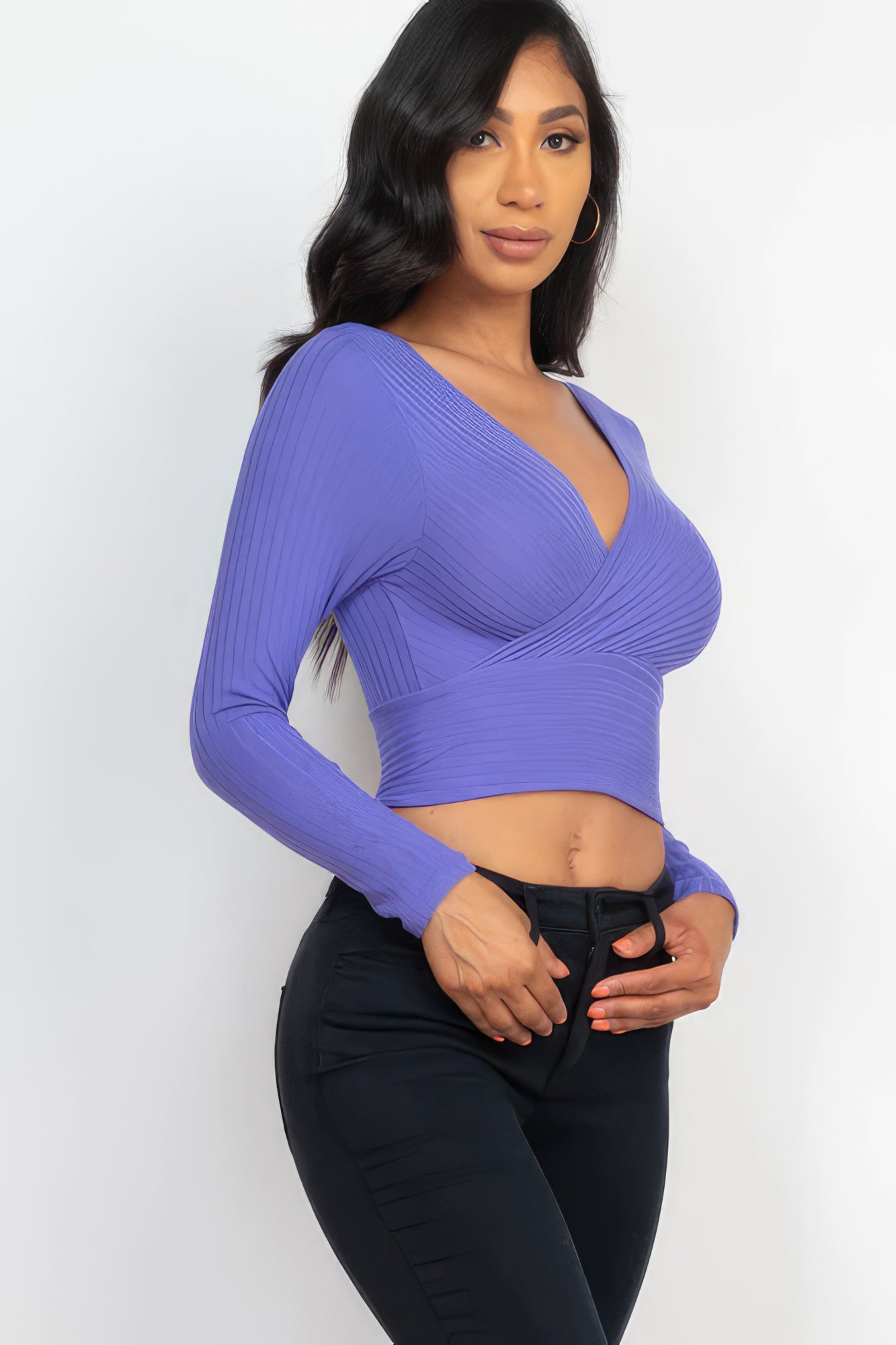Women's Ribbed Wrap Front Top Long Sleeve Cropped T-Shirt Soft Stretch V-Neck