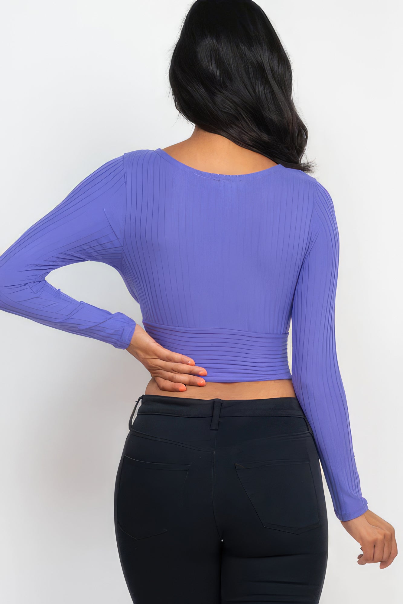 Women's Ribbed Wrap Front Top Long Sleeve Cropped T-Shirt Soft Stretch V-Neck